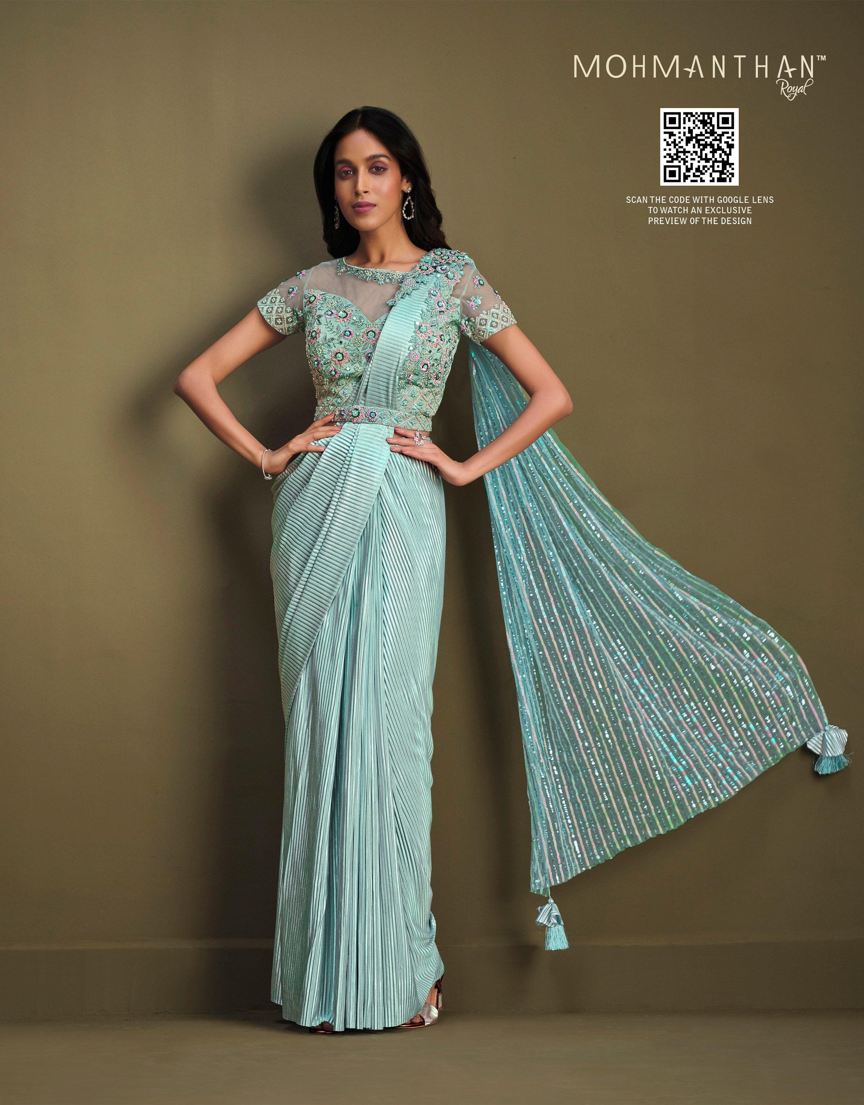 Party Wear Teal Blue Saree With Fancy Thread Sequence Belt 