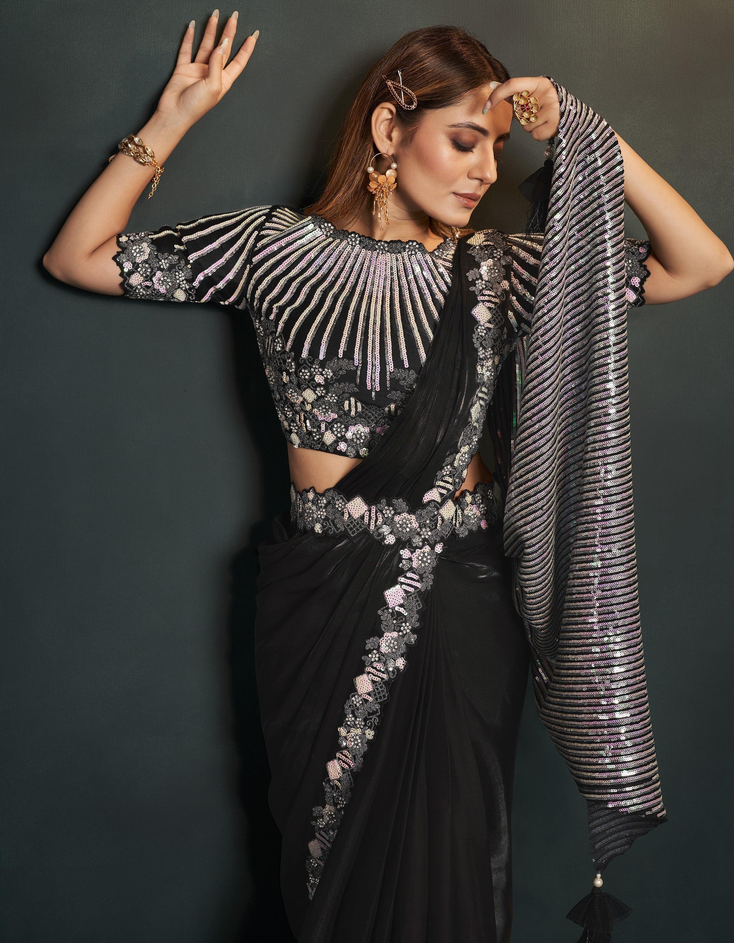 Black Saree with designer blouse  Saree with belt, Casual indian fashion,  Black saree