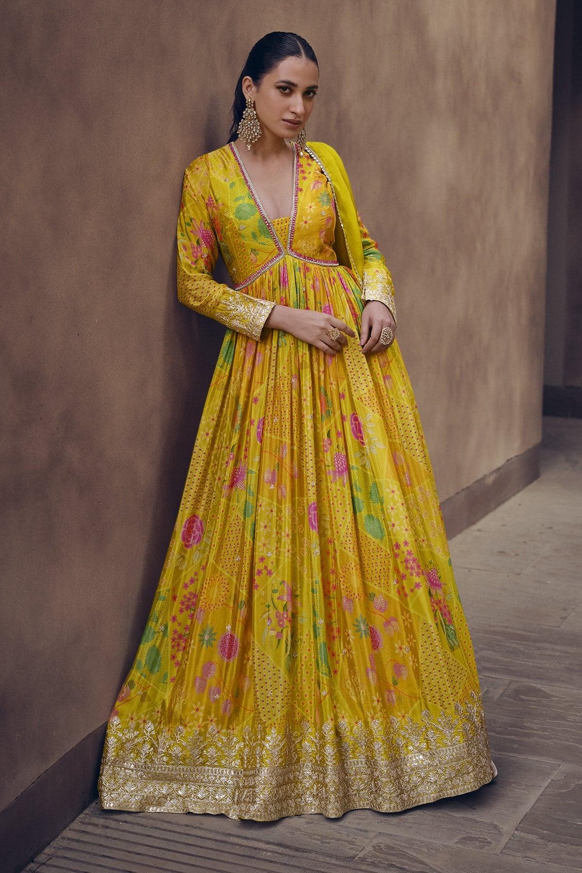 Festive Yellow Haldi Wear Georgette Readymade Fusion Fashion Party Gown