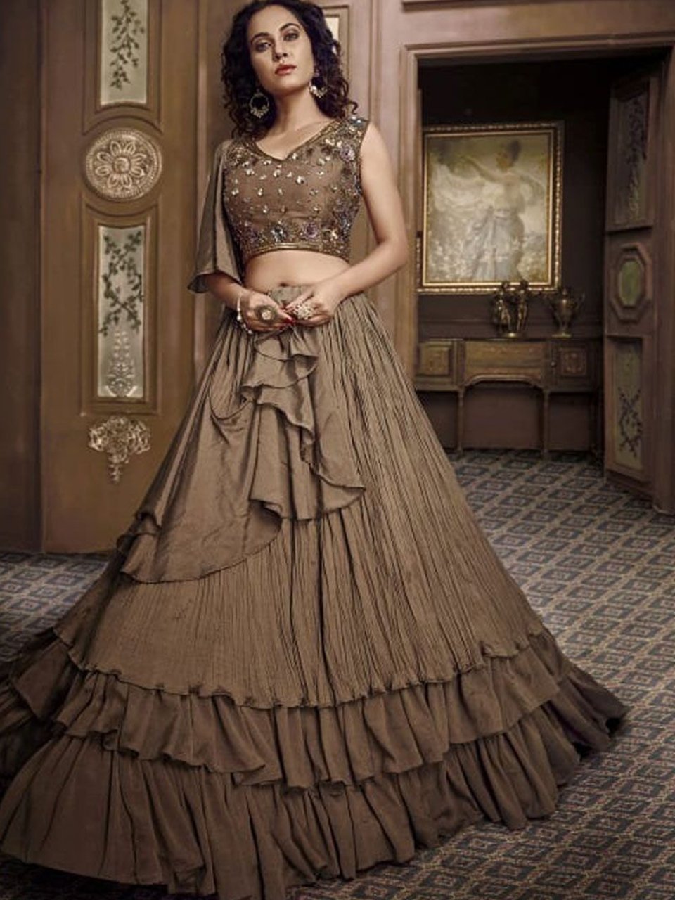 Trendy Indo Western Designer Cocktail Wear Brown Net Silk Lehenga Gown