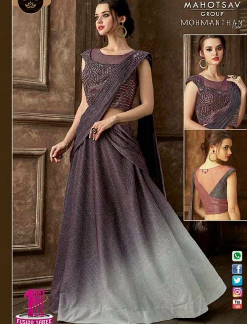 IndoWestern MOH5113 Party Wear Shaded Mauve Grey Silk Lycra Saree Gown