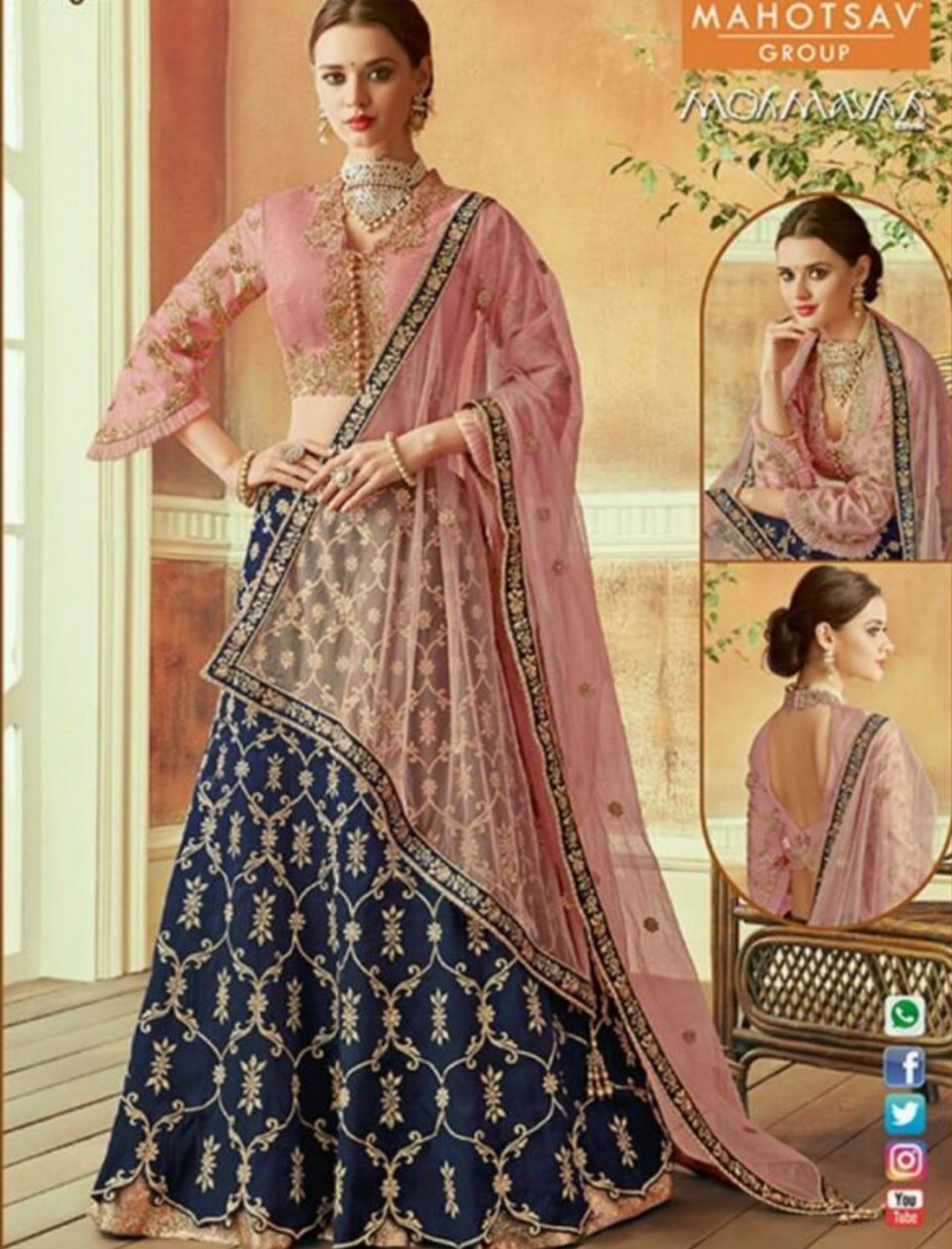 Designer Attractive Bridal Wedding Wear Blue Pink Silk Lehenga Choli