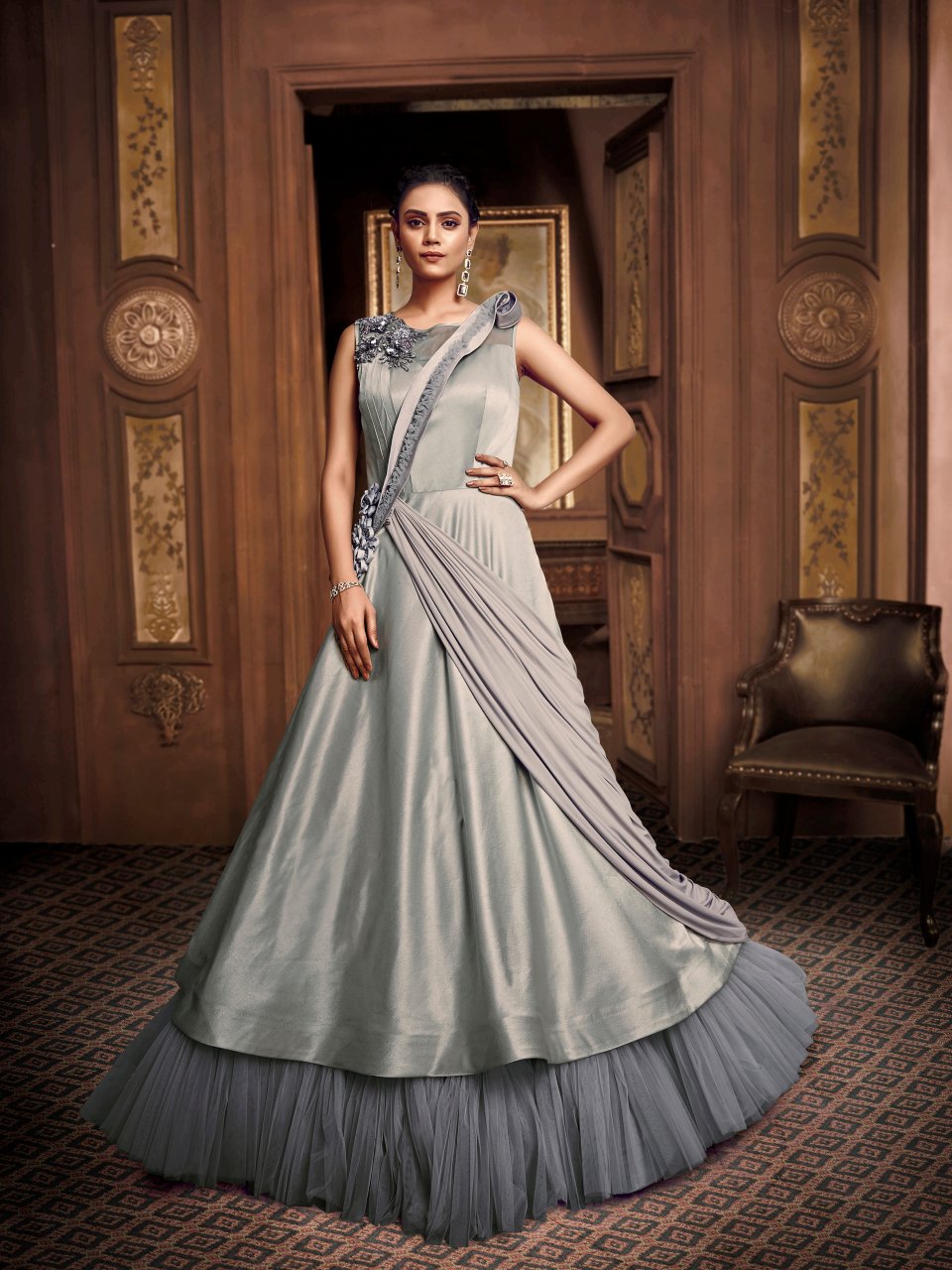 Royal Indo Western Designer Cocktail Wear Grey Silk Net Layered Gown