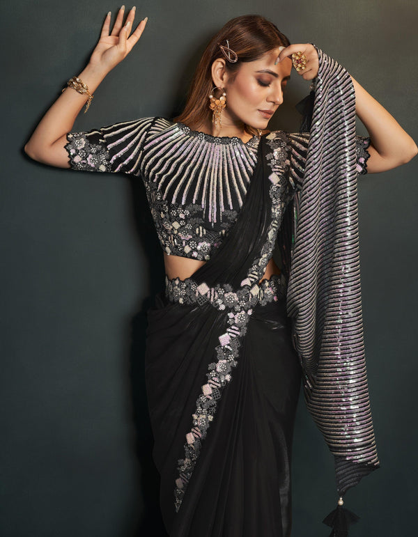 Crepe Silk Sequence Embroidered Night Black Saree With Blouse And Belt