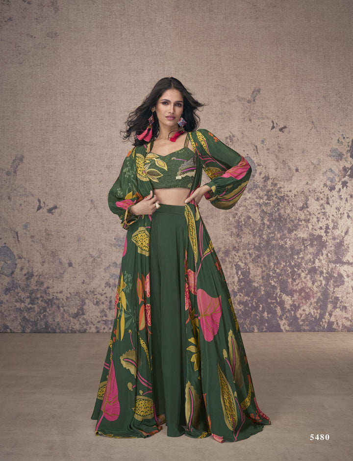 Mehendi Wear Green Crepe Floral Indo-Western Crop-Top Flowy Shrug Set - Fashion Nation