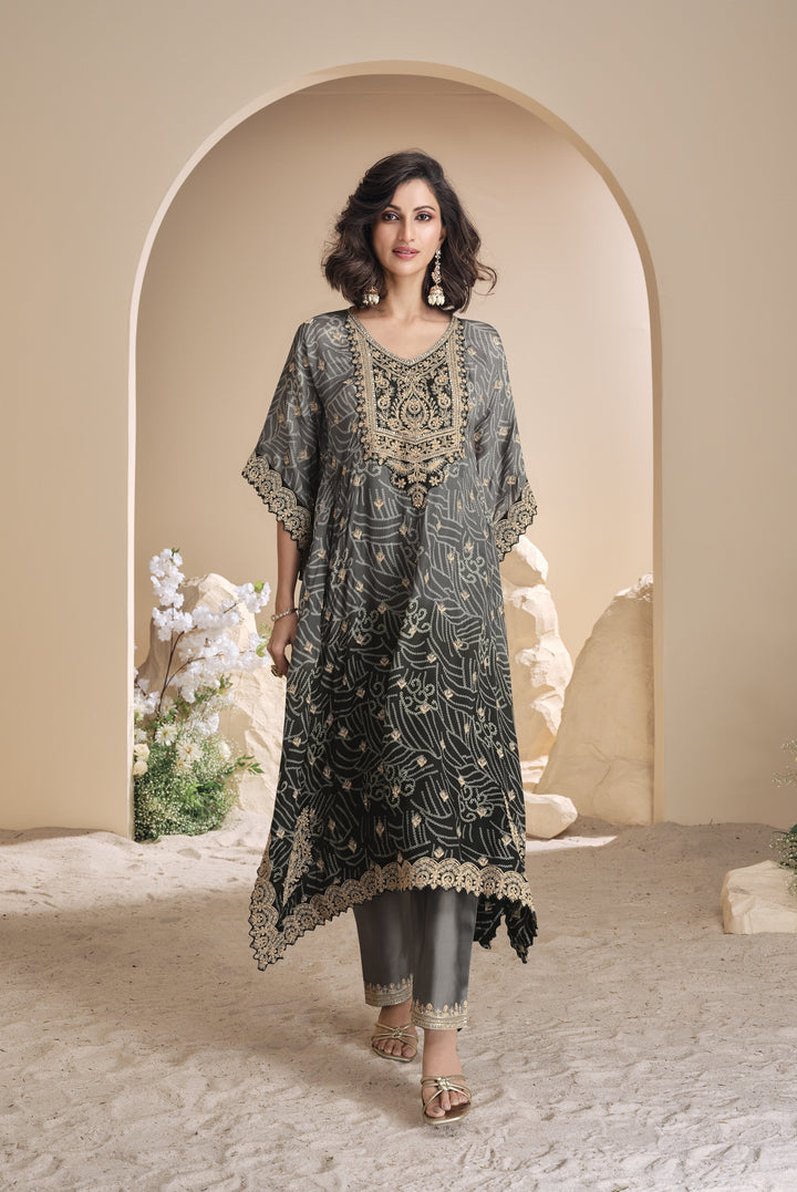 celebrity partywear bandhej asymmetrical kaftan pant set