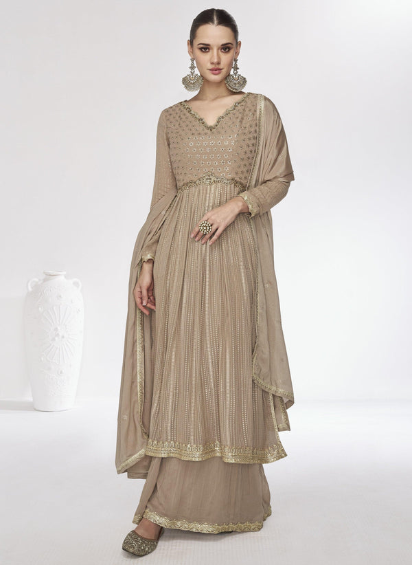 Celebration Wear Brown Silk Georgette Patterned Stylish Sharara Suit - Fashion Nation
