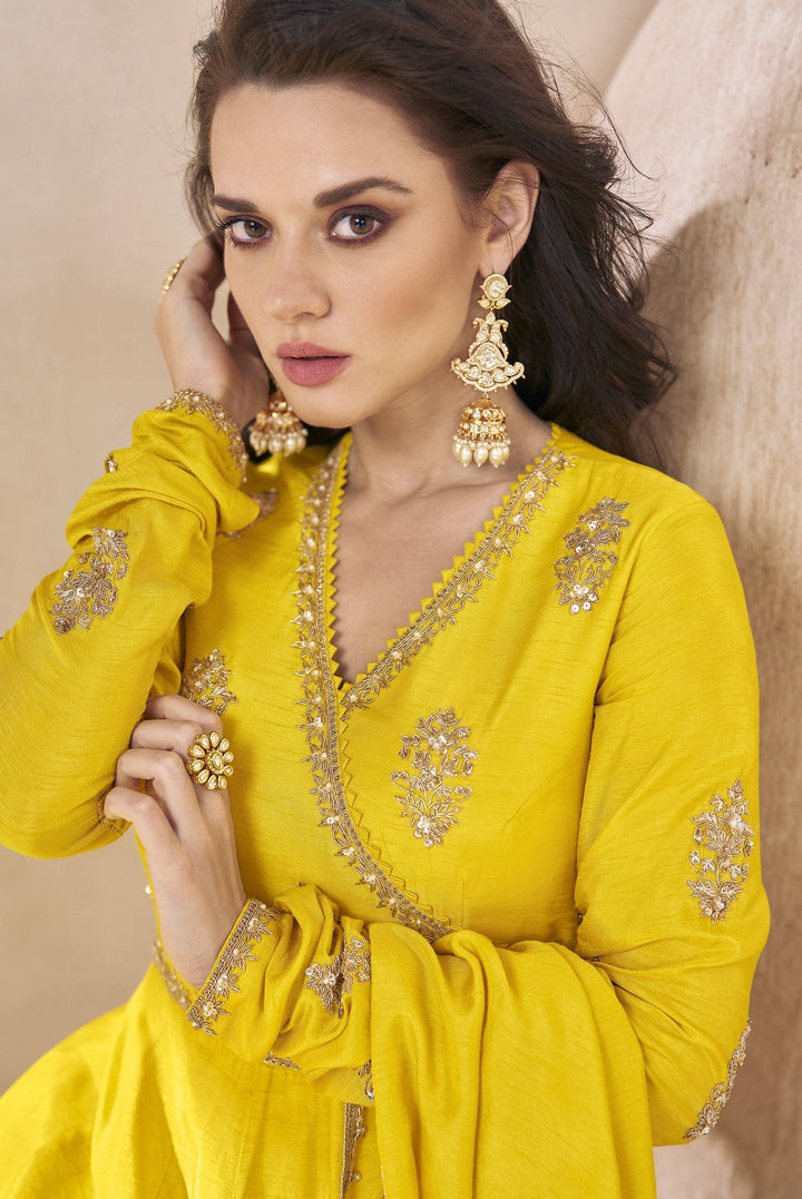 Yellow Silk Stitched Fusion Fashion Angarkha Haldi Partywear Long Gown - Fashion Nation
