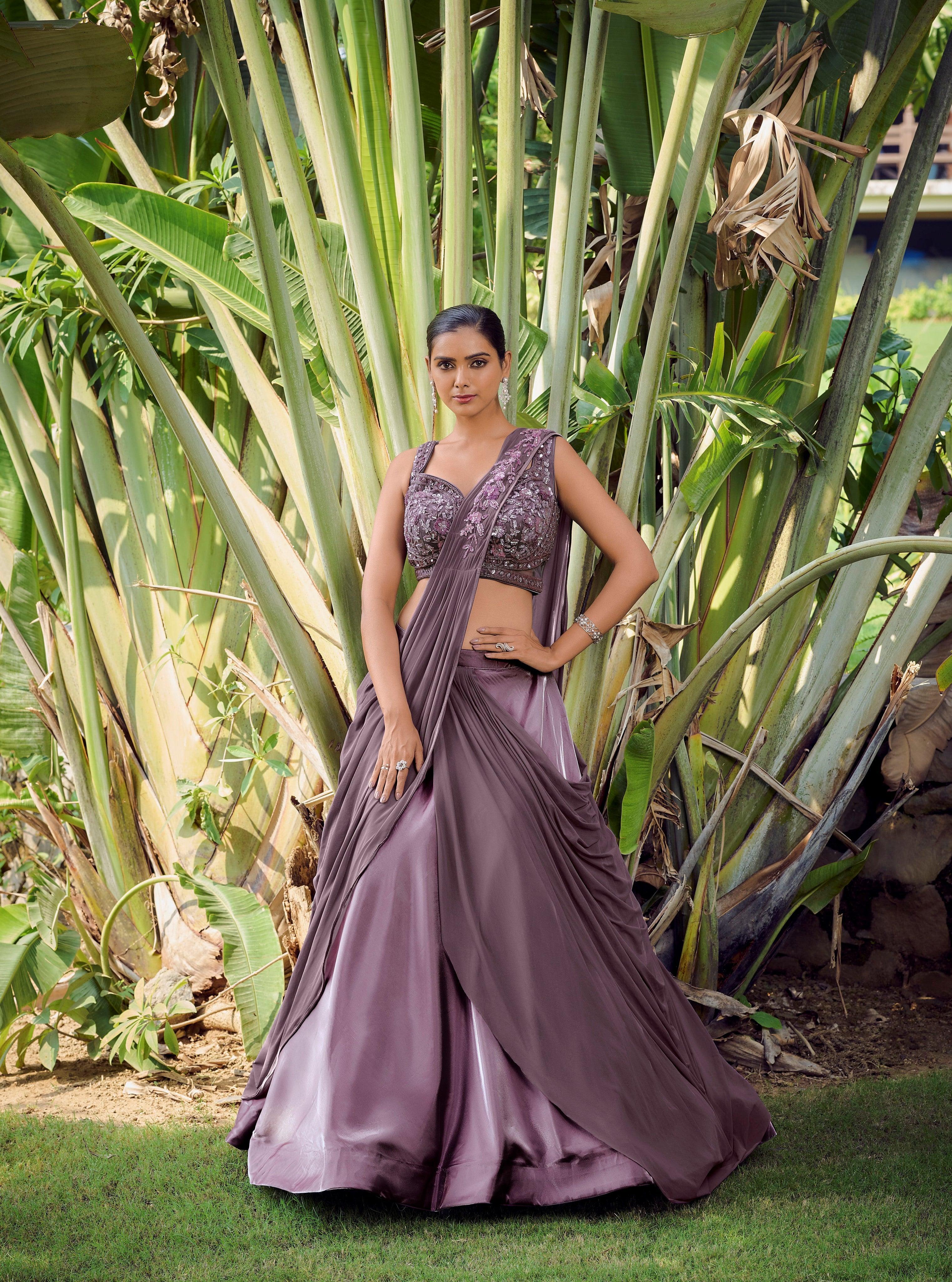 cocktail partywear purple net silk stones work crop top satin lengha pre stitched pallu indian fusion fashion gown th52afn