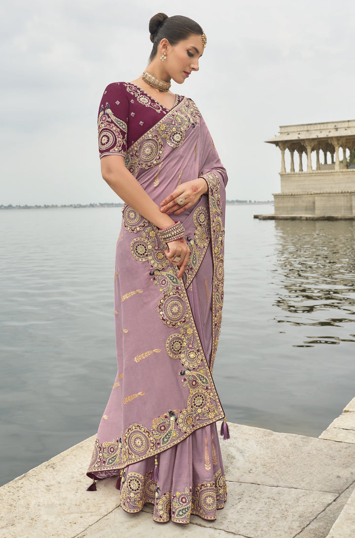 sangeet wear silk sari with embroidered blouse