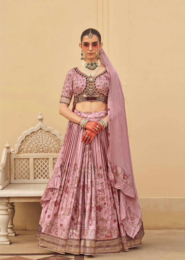 Sagaai Wear Mauve Pink Silk Handwoven Kantha Stitch Pleated Lengha Set - Fashion Nation