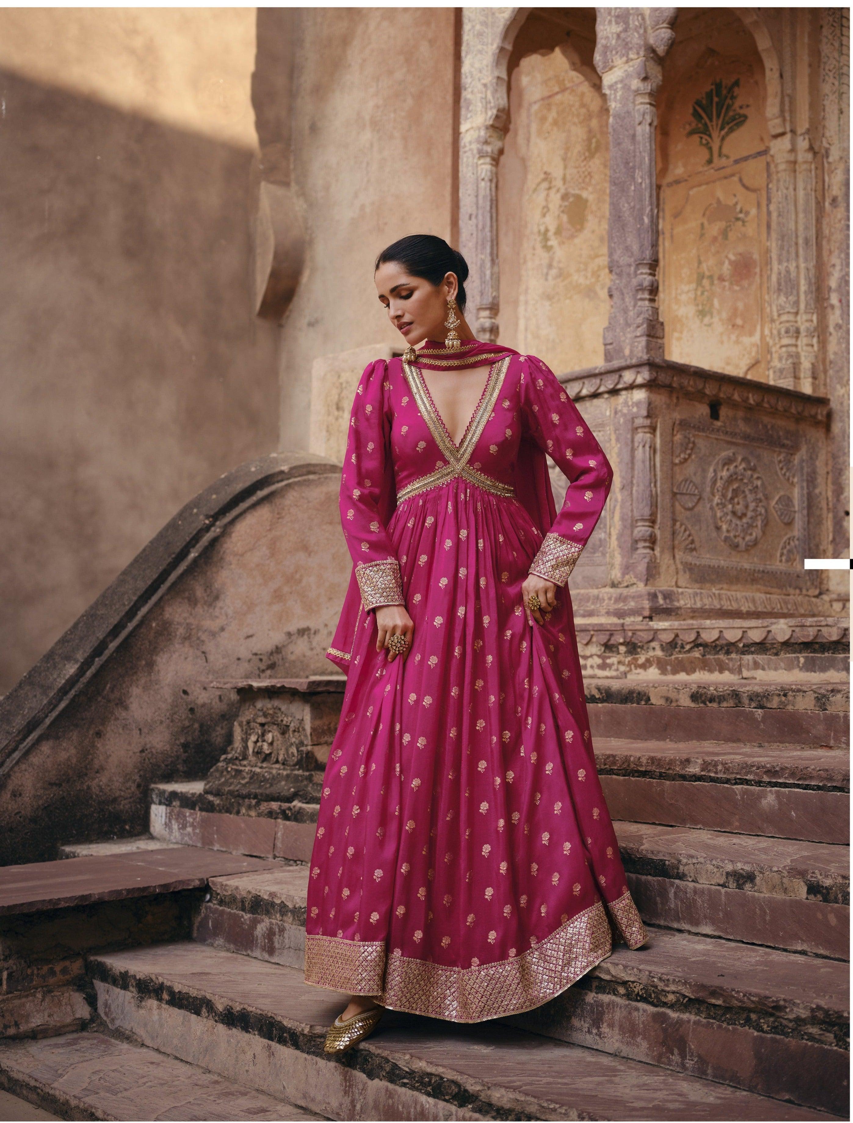 Marriage Wear Pink Silk Indo Western Anarkali Gown