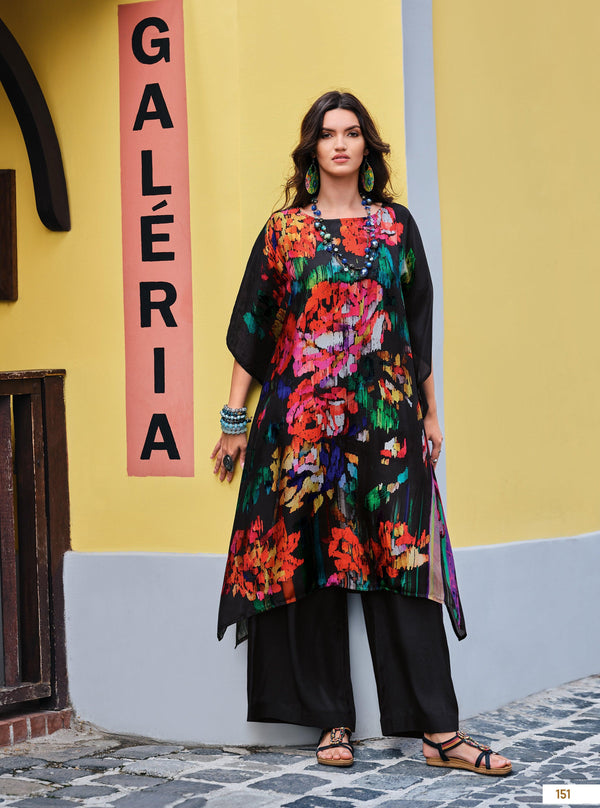 Evening Partywear Black Muslin Digital Print Readymade Kaftan Kurta Set - Fashion Nation