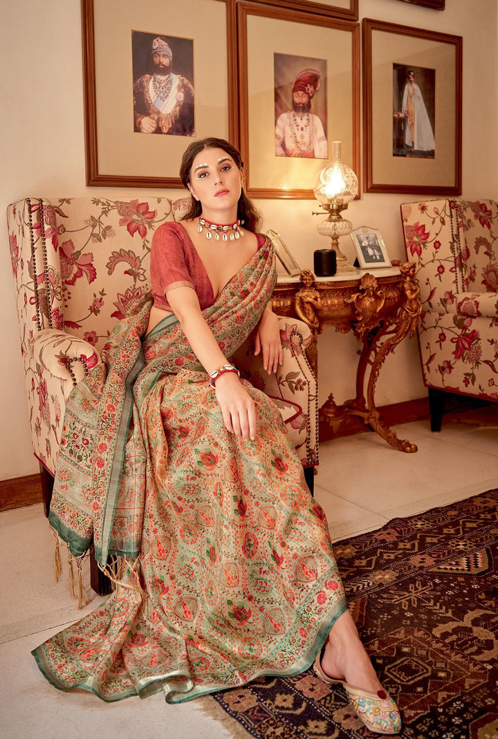Ethnic Motifs Banarasi Zari Silk Multi-Colour Saree For Casual Wear
