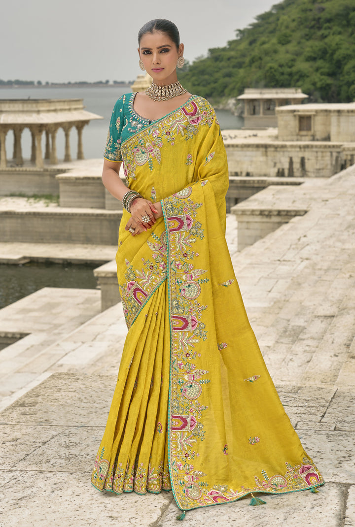 sangeet wear ethnic sari with contrast blouse