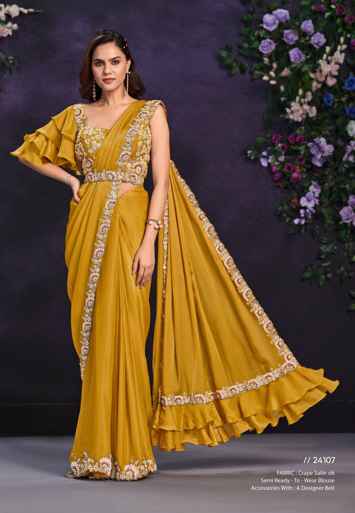 Haldi Party Yellow Crepe Ready To Wear Sari | Cutwork Belt And Corset - Fashion Nation
