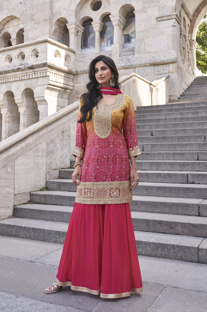 colorful festive bandhej sharara suit