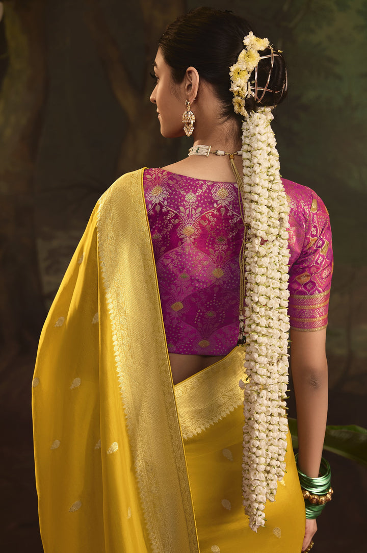 festive contrast blouse saree in yellow