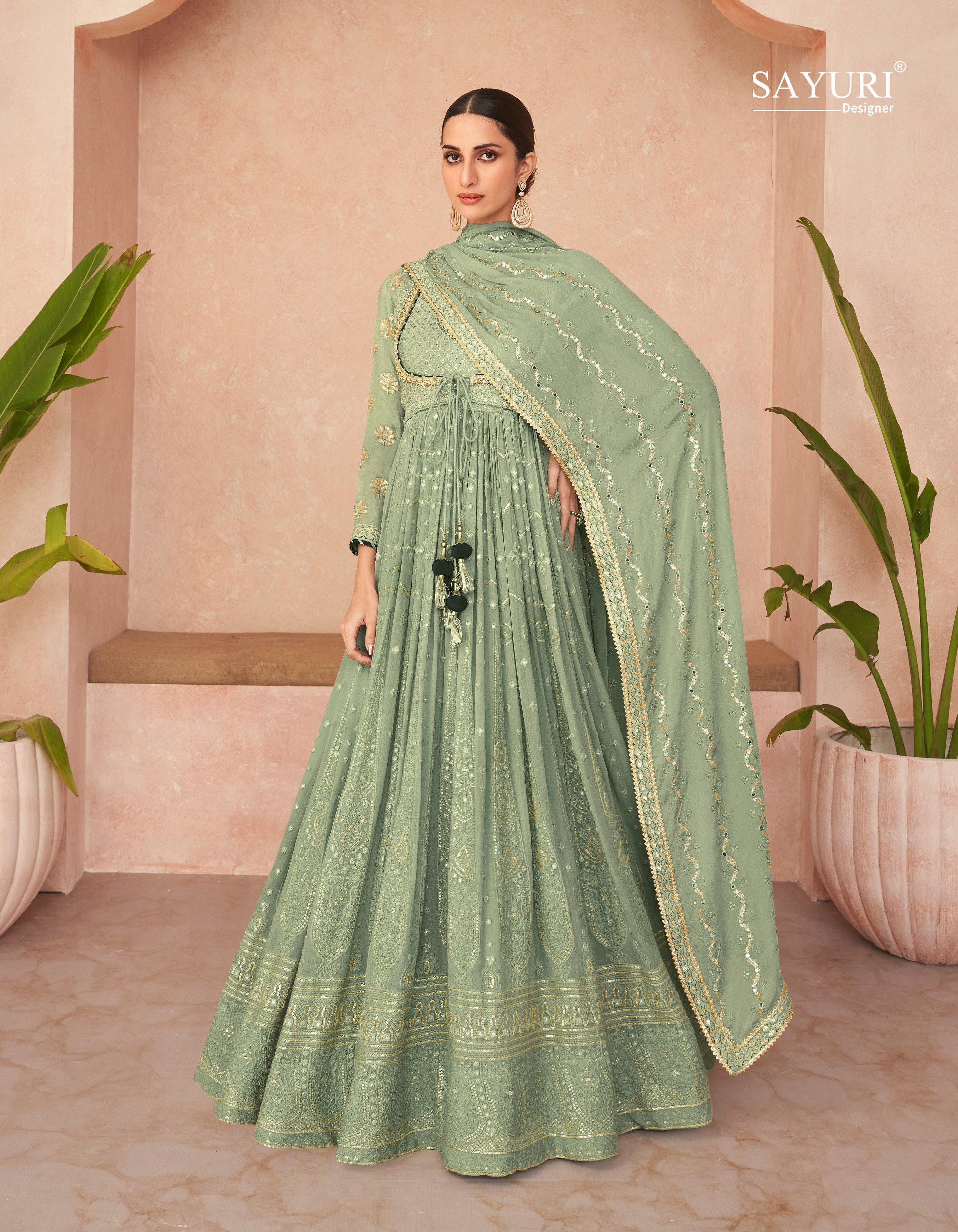 marriage functions fashionable green georgette gota lace thread embroidered angarkha style anarkali 5237afn