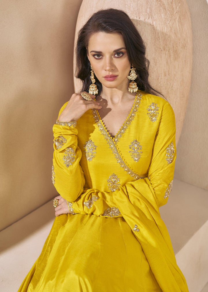 Yellow Silk Stitched Fusion Fashion Angarkha Haldi Partywear Long Gown - Fashion Nation