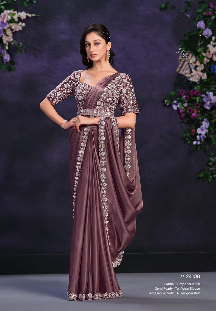 Bridal Partywear Burgundy Satin Designer Readymade Sari | Cutwork Belt - Fashion Nation