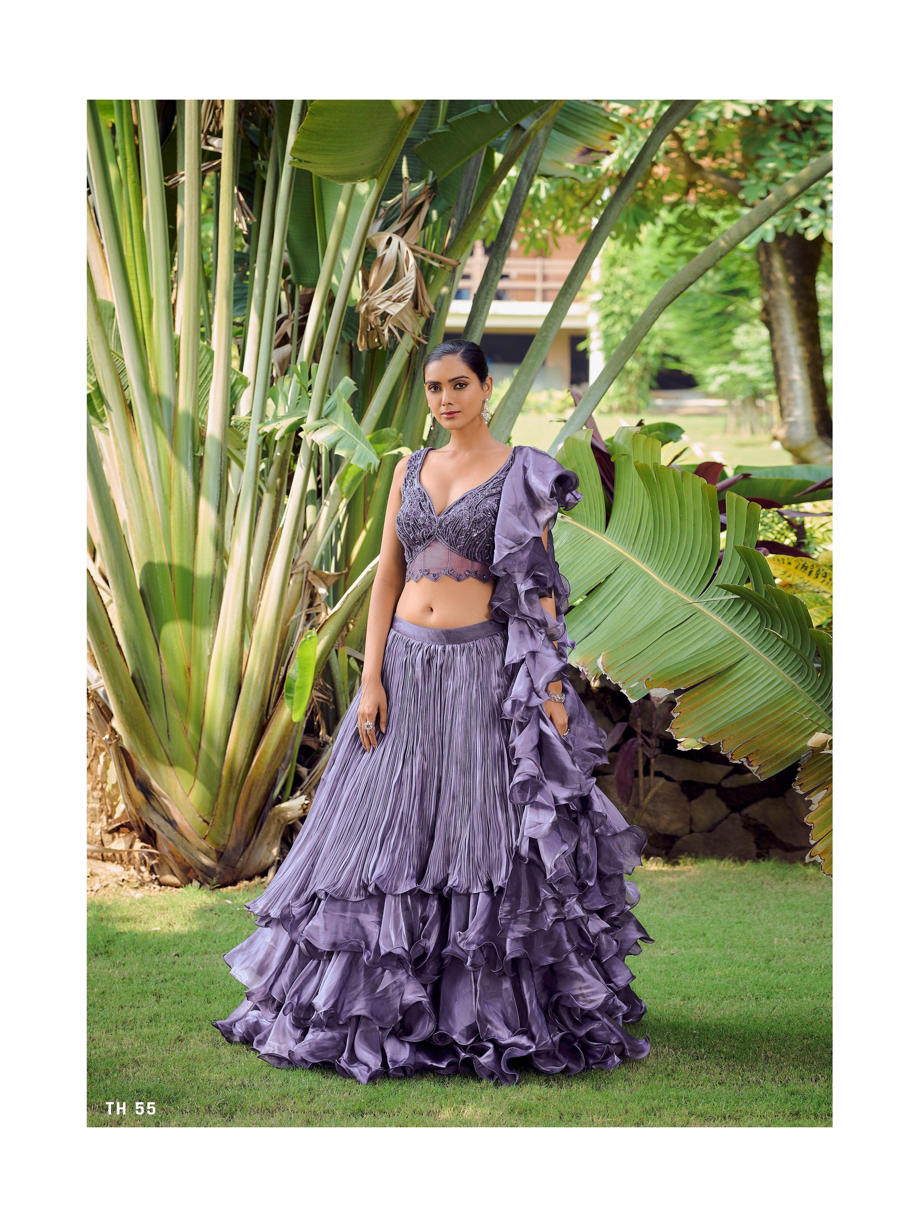 Evening Partywear Lilac Silk Layered Skirt Crop Top