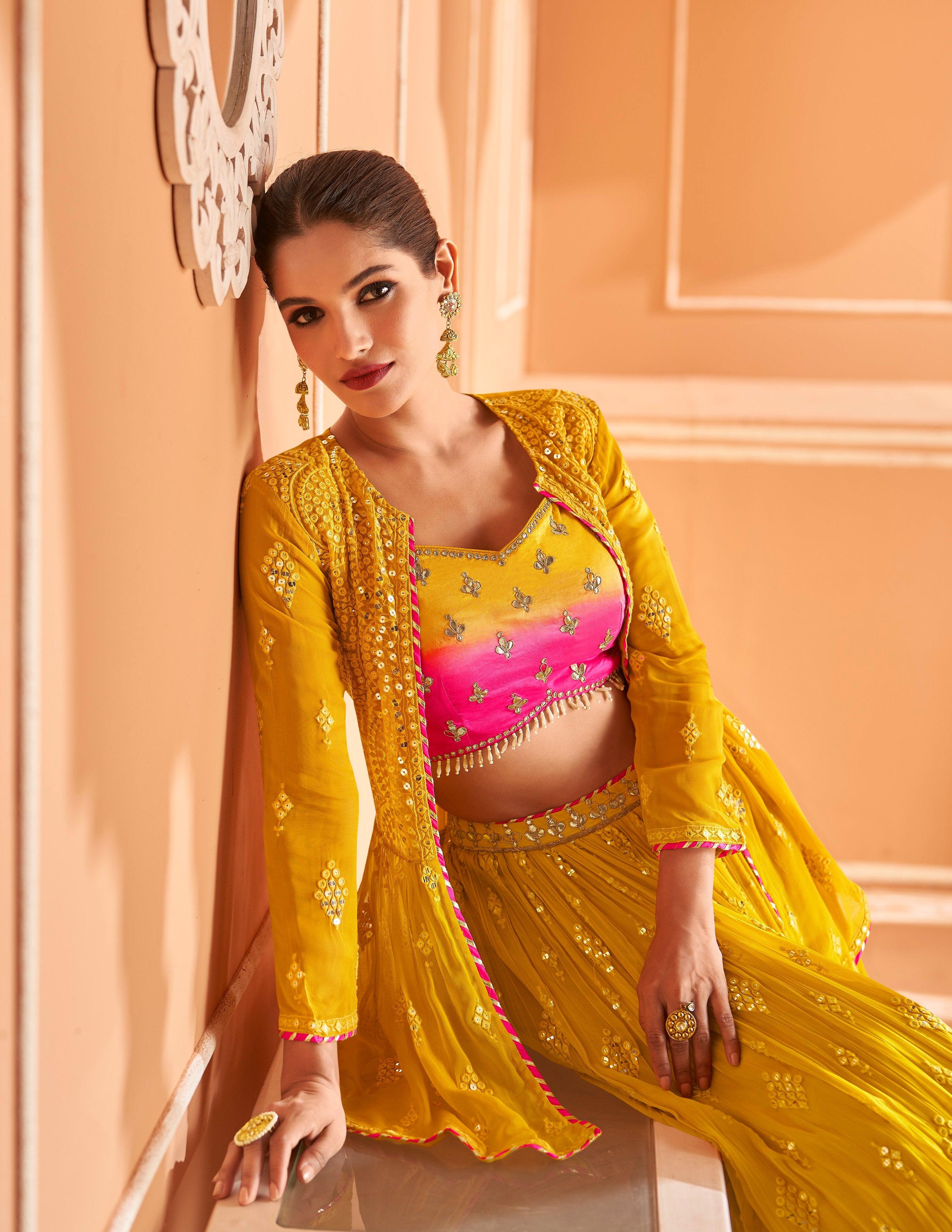 sagaai party wear yellow georgette fashionable latest embroidered long skirt short jacket set 5319afn