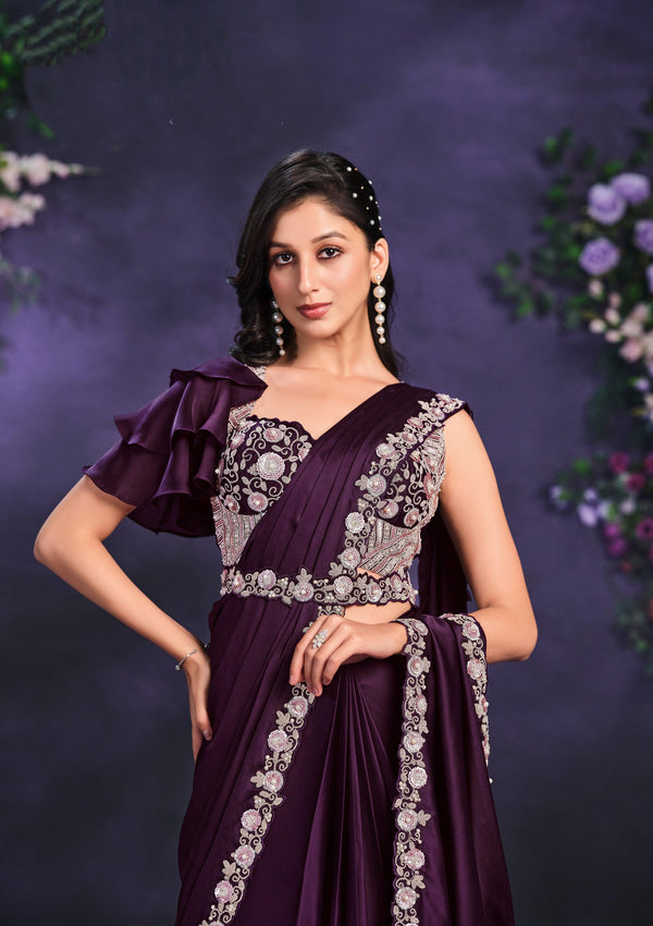 Purple Satin Reception Partywear One Minute Sari With Corset Blouse - Fashion Nation