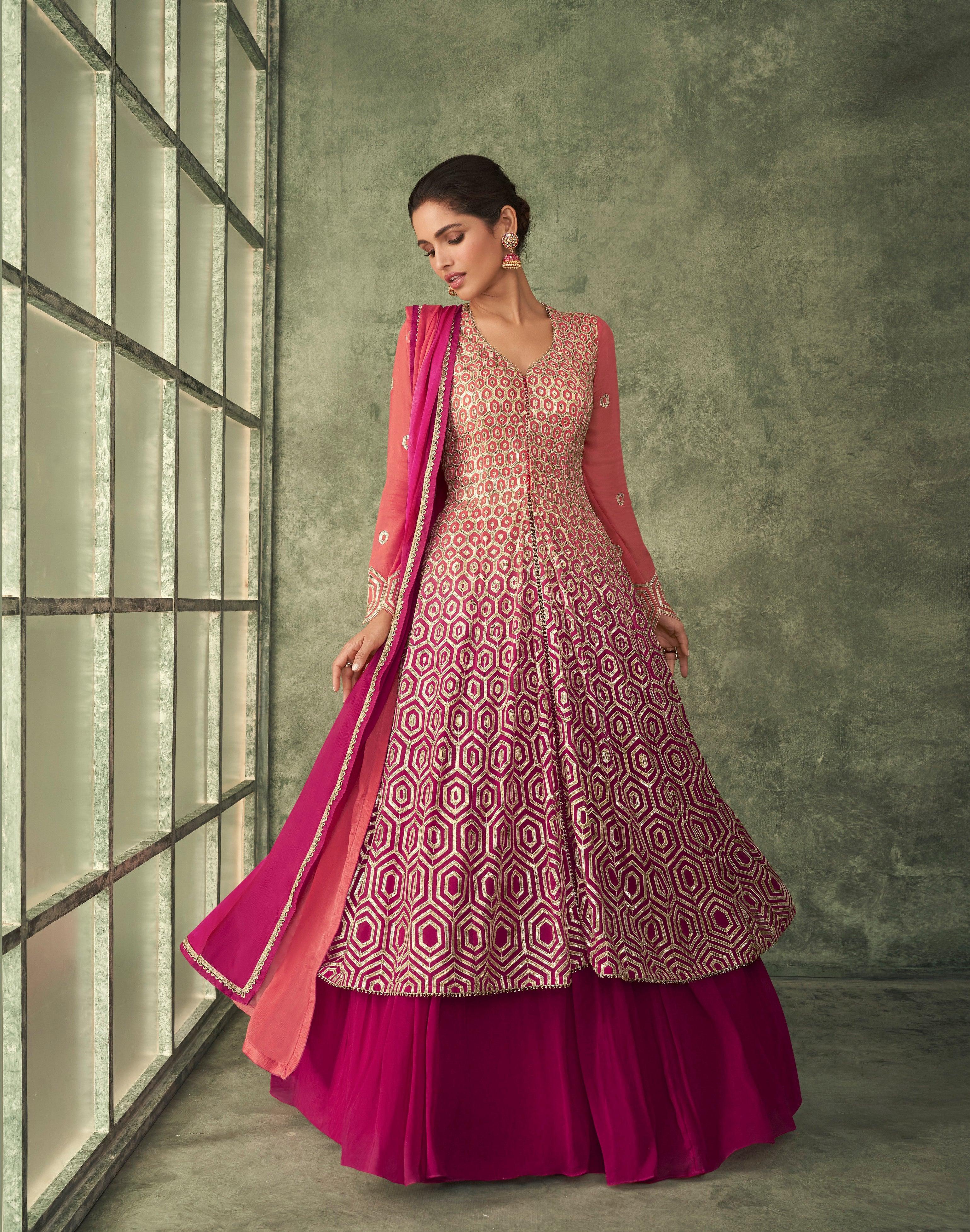 Buy Indian Dress - Hot Pink Embroidered Slit Style Anarkali Lehenga Suit