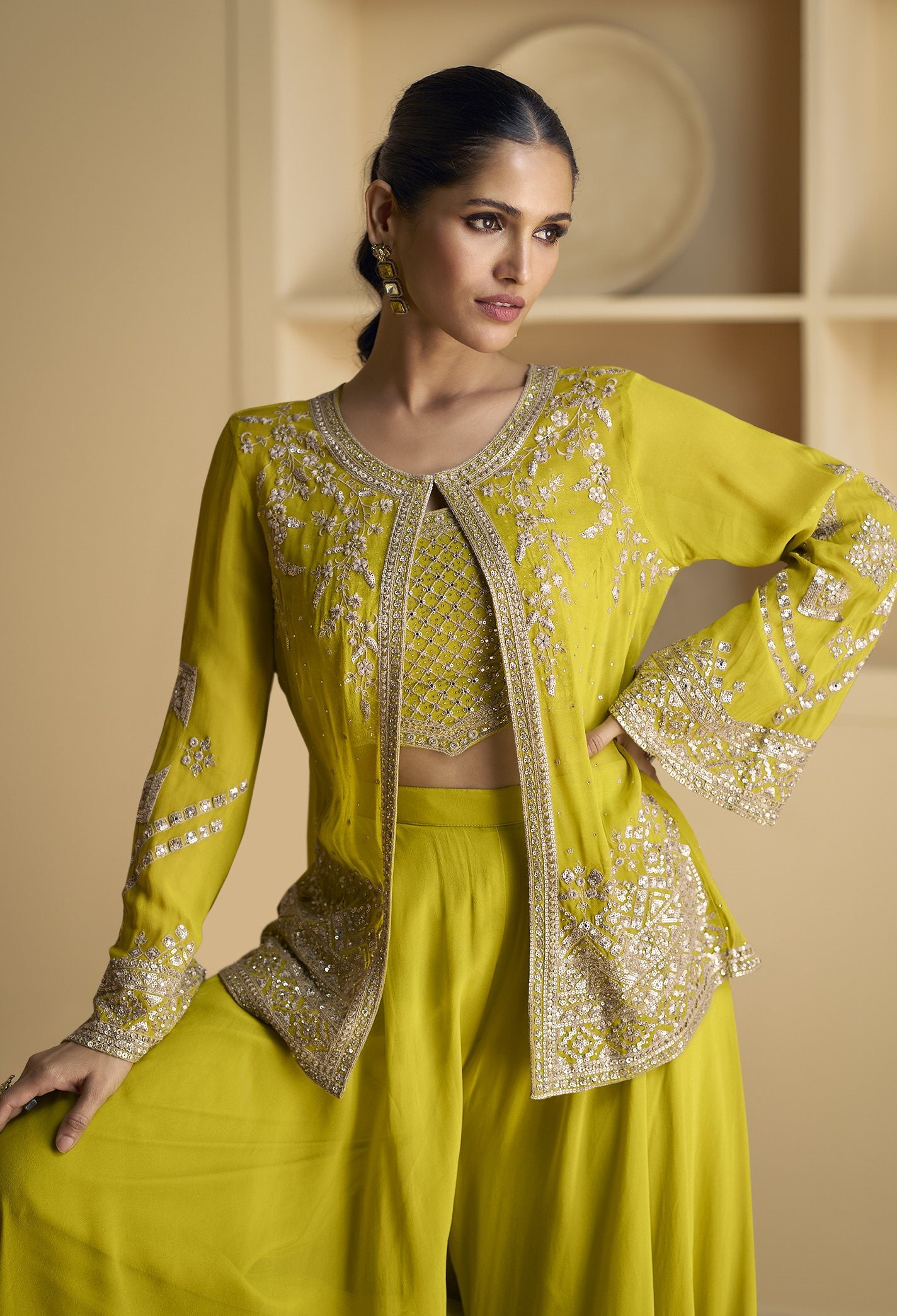 Shaadi Wear Lime Green Georgette Indo Western Jacket Crop Top Palazzo