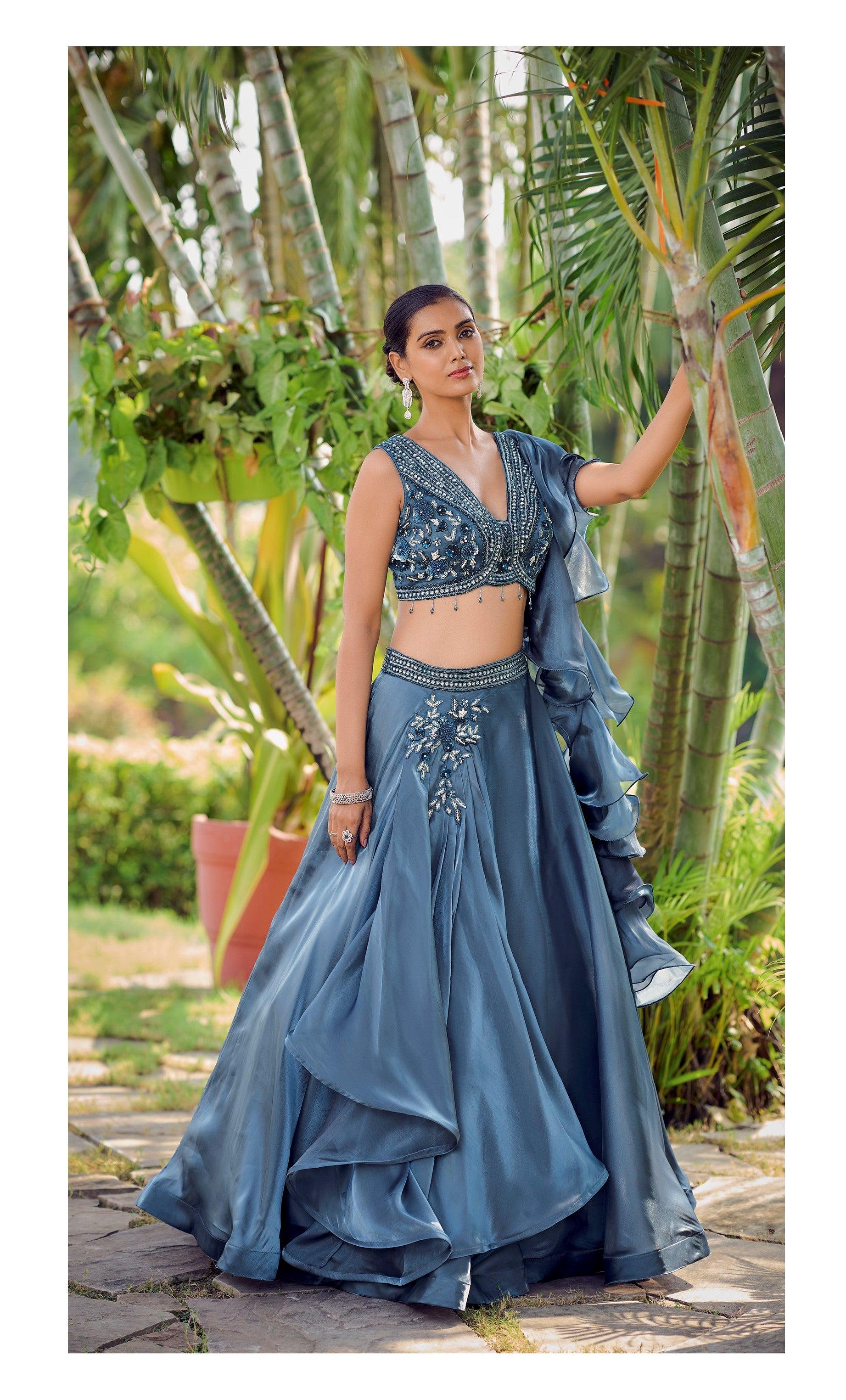 Engagement Wear Blue Silk Layered Skirt Crop Top Set Fashion Nation