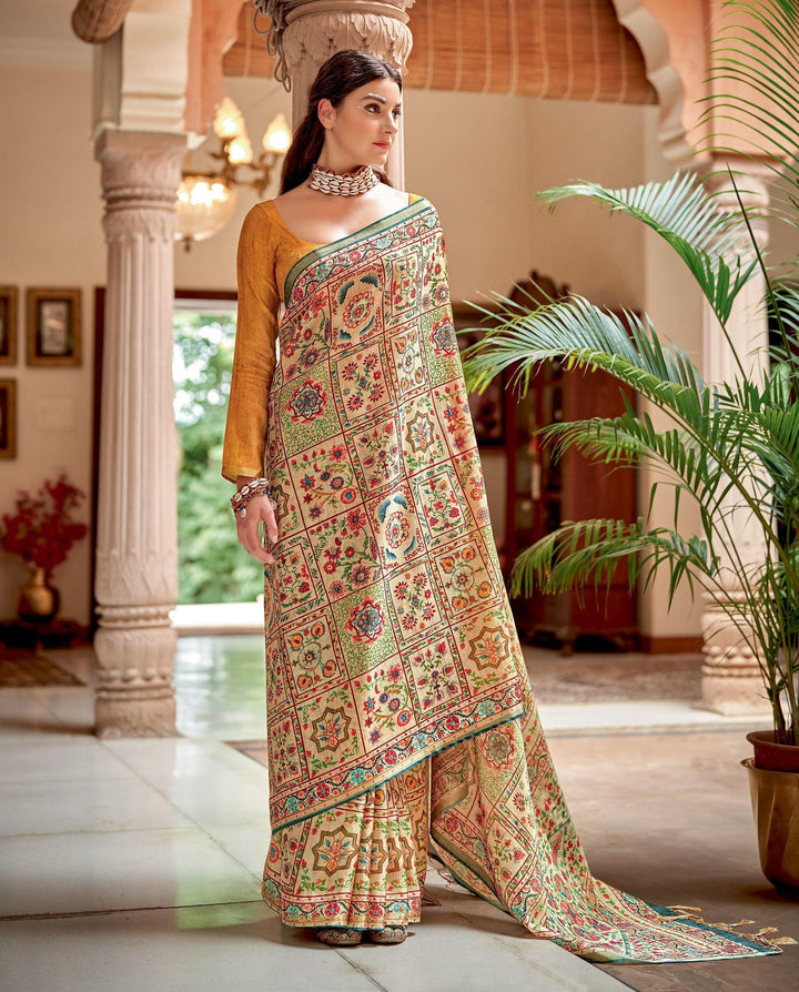 Banarasi Zari Silk Multi-Coloured Mughal Floral Motifs Print Saree