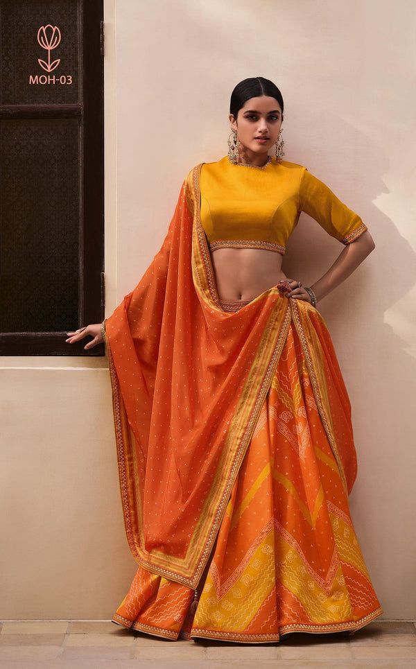 Rajasthani Colourful Digital Bandhej Print Silk Haldi Wear Lehenga - Fashion Nation