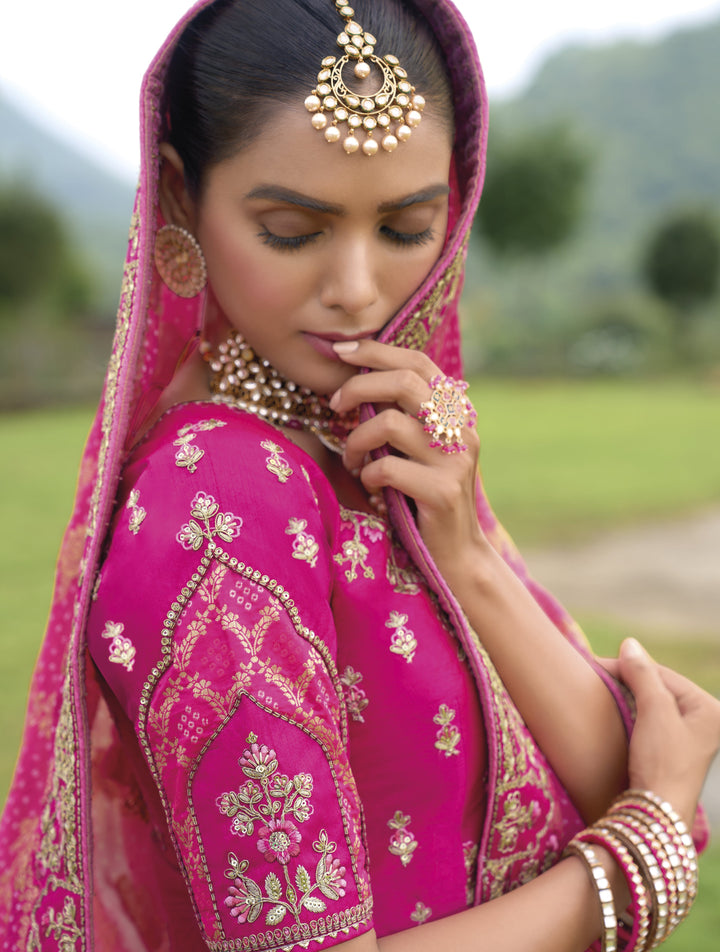 bandhej pink silk bridal ghagra choli