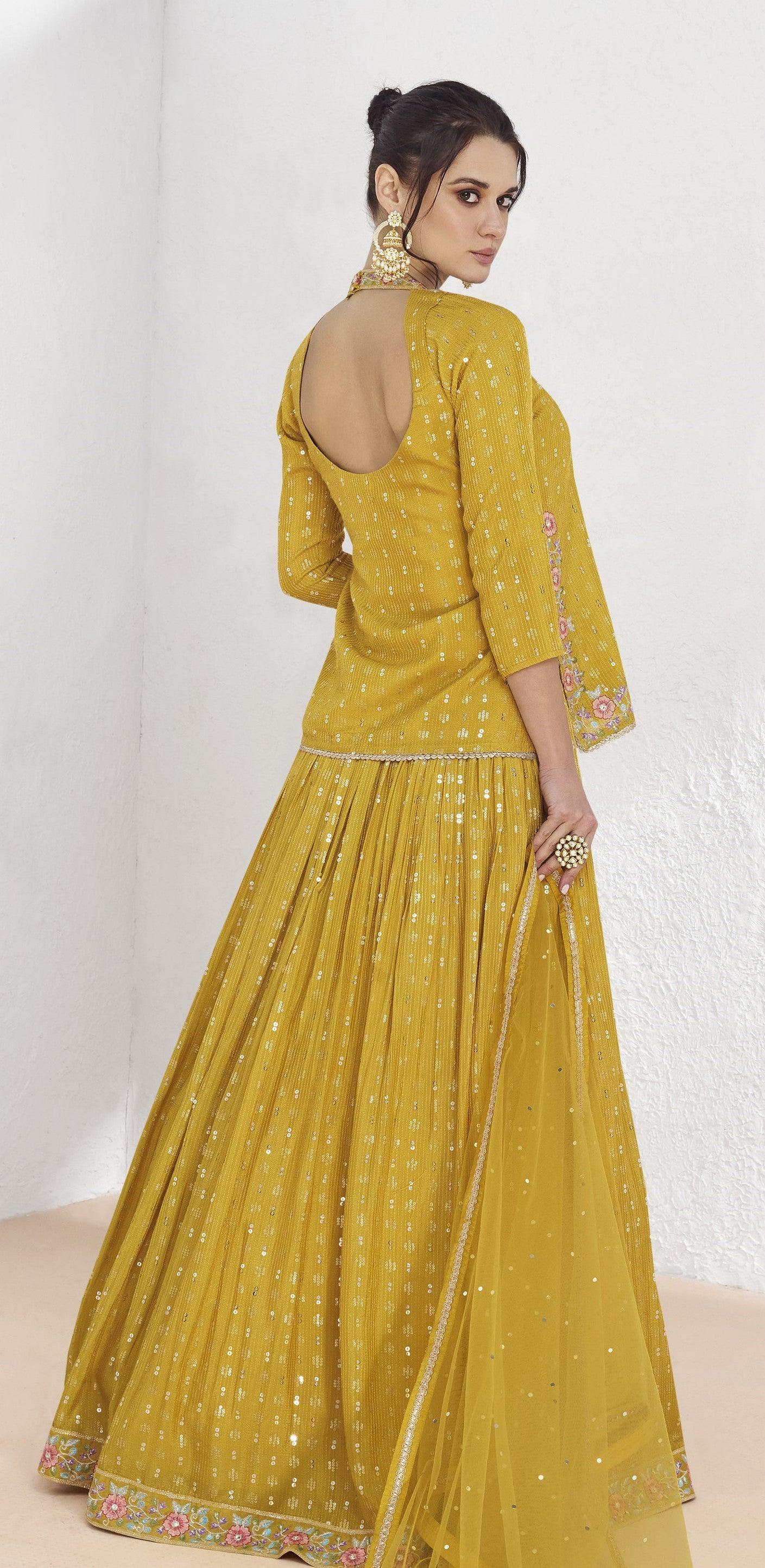 Yellow Georgette Indo Western Long Skirt Top Set For Haldi Partywear Fashion Nation