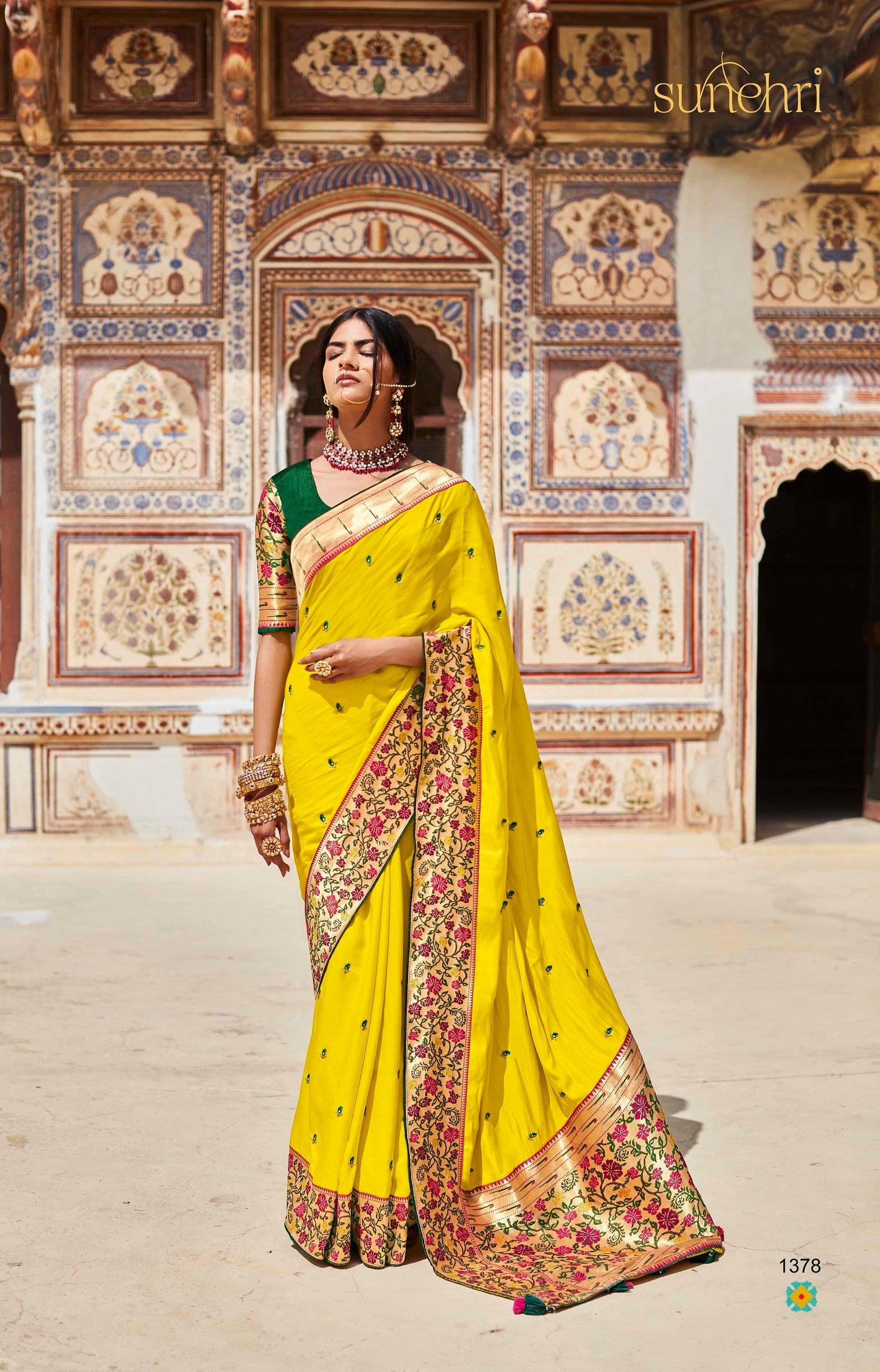 Buy Haldi Functional Satin Chiffon Fabric Saree in Yellow Color Online -  SREV2722 | Appelle Fashion