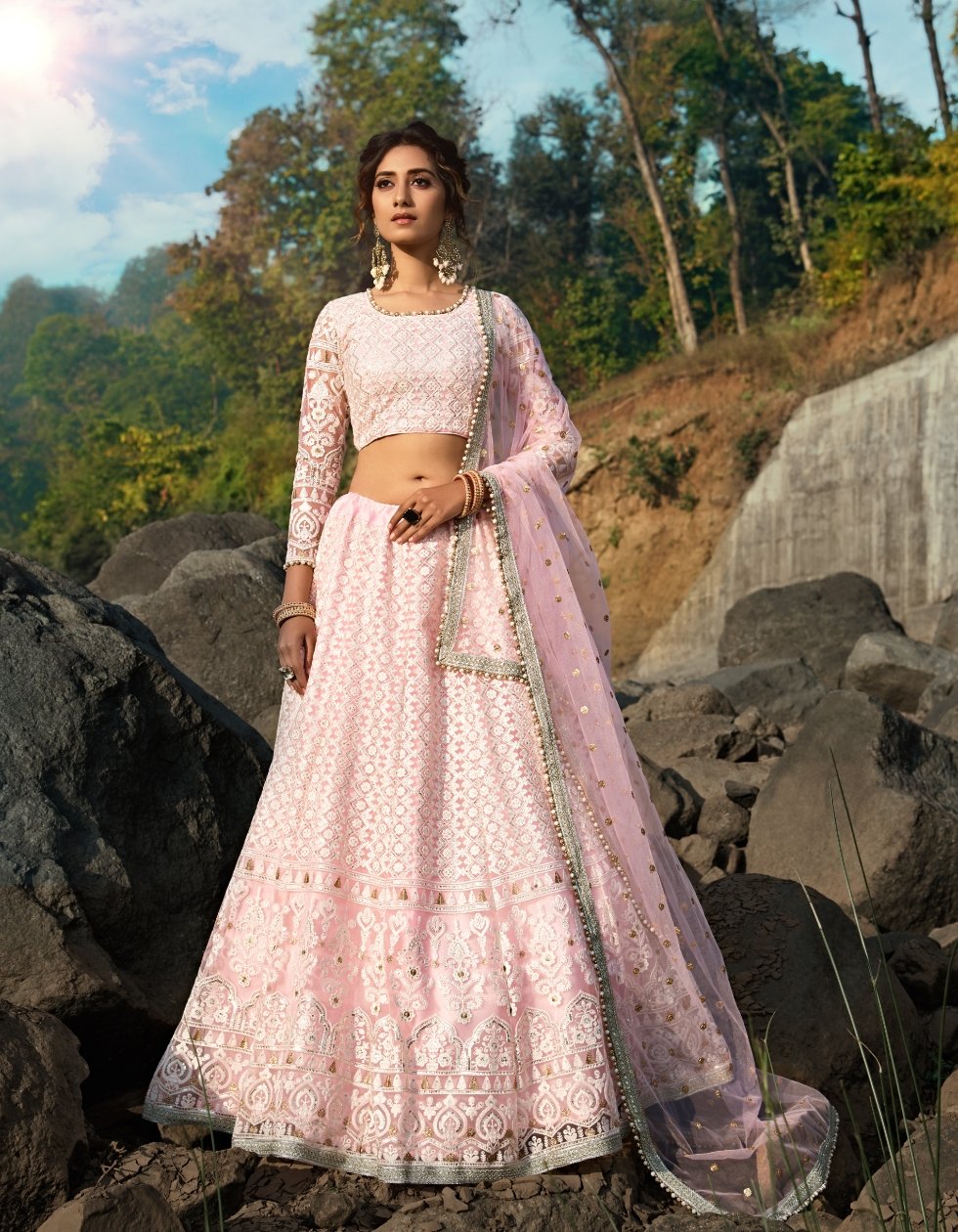 Buy Rose pink lehenga choli in silk with brocade woven flowers and lucknowi  thread embroidered kali design.
