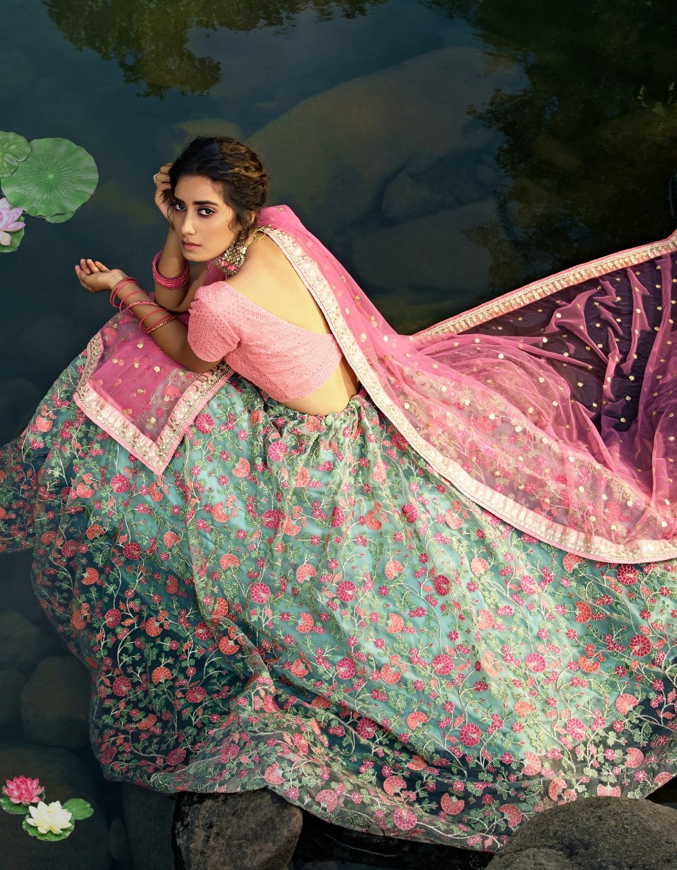 Fuschia pink with parrot green lehenga for mehendi #wedmegood #mehendi # pinklehenga #greenlehenga #s… | Bridal outfits, Embroidery blouse indian,  Half saree designs
