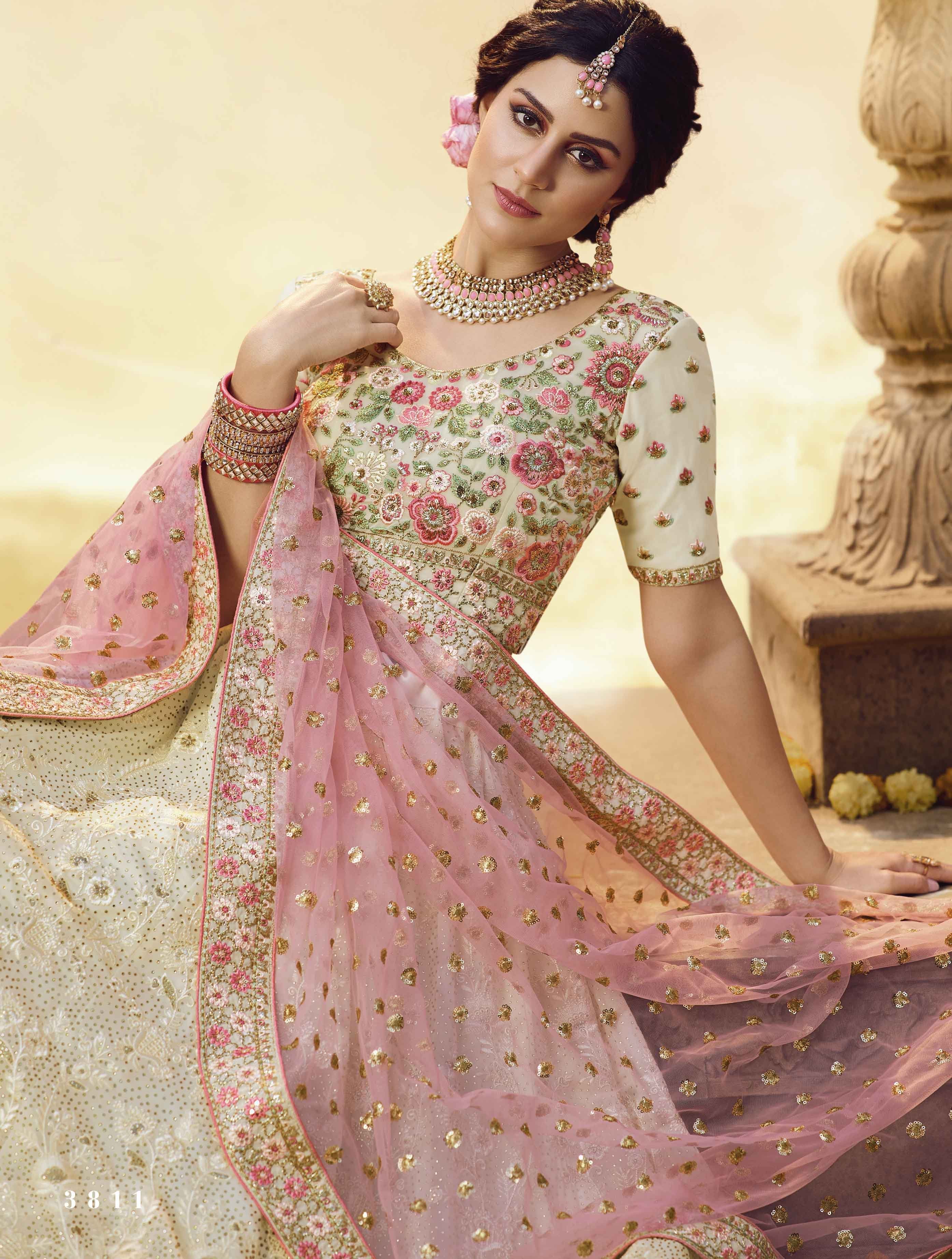 Wedding Wear White With Pink Sequence Embroidered Work Lehen