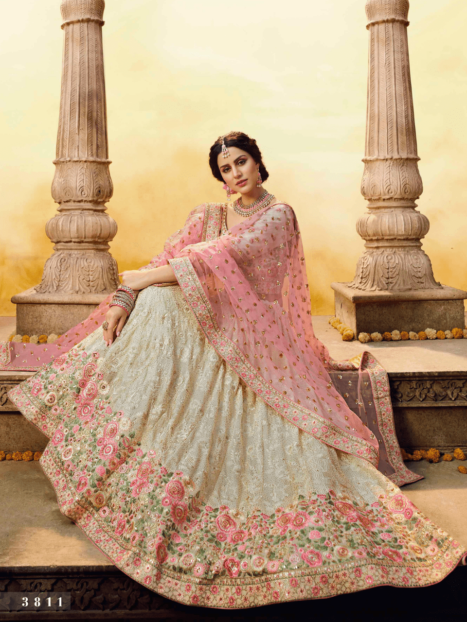 Buy White Silk Floral Embroidered Lehenga Choli With Pink Dupatta