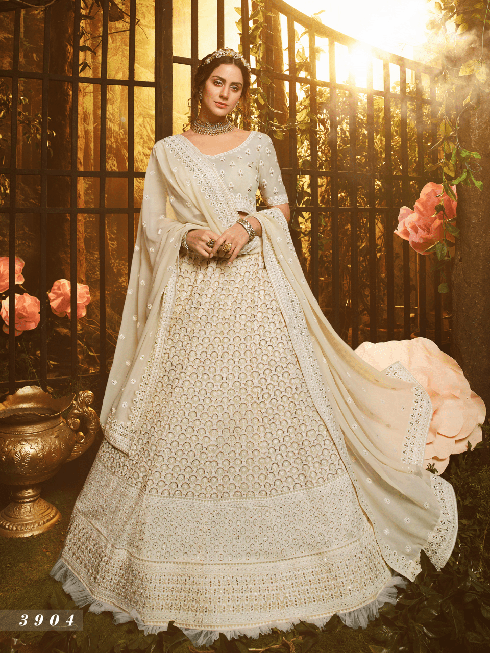White Color Lucknowi Paper Mirror & Thread Embroidery Work Georgette Lehenga  Choli