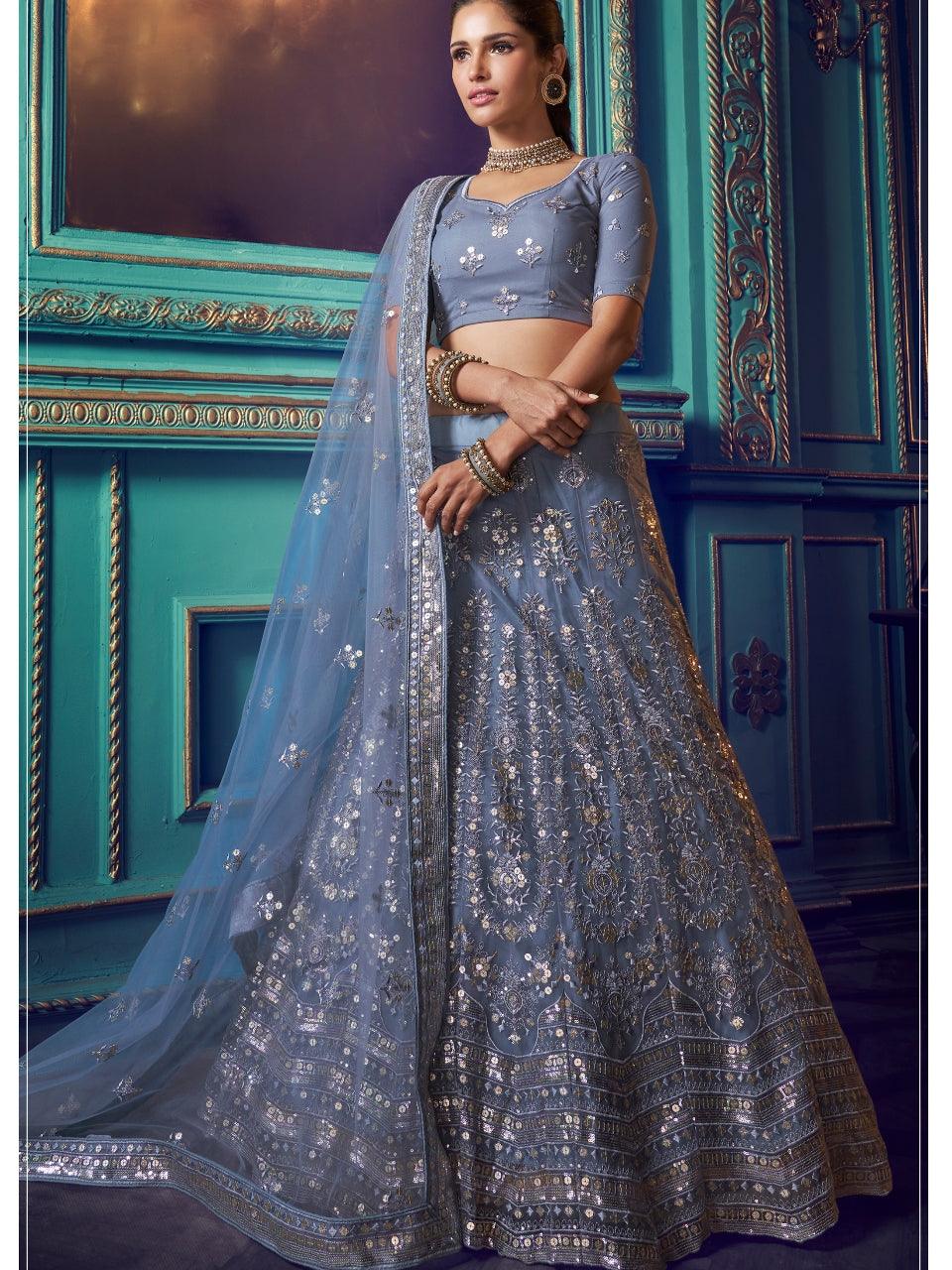 Buy Sky-Blue Sequins Net Lehenga With Dupatta Online At Zeel Clothing