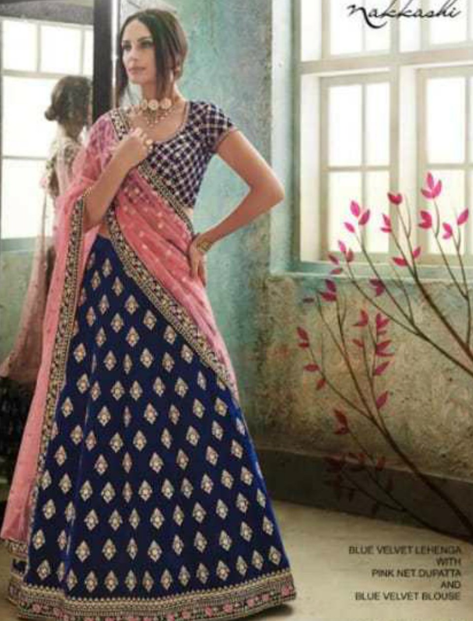 Velvet Navy Blue and Pink Designer Lehenga Choli buy online -