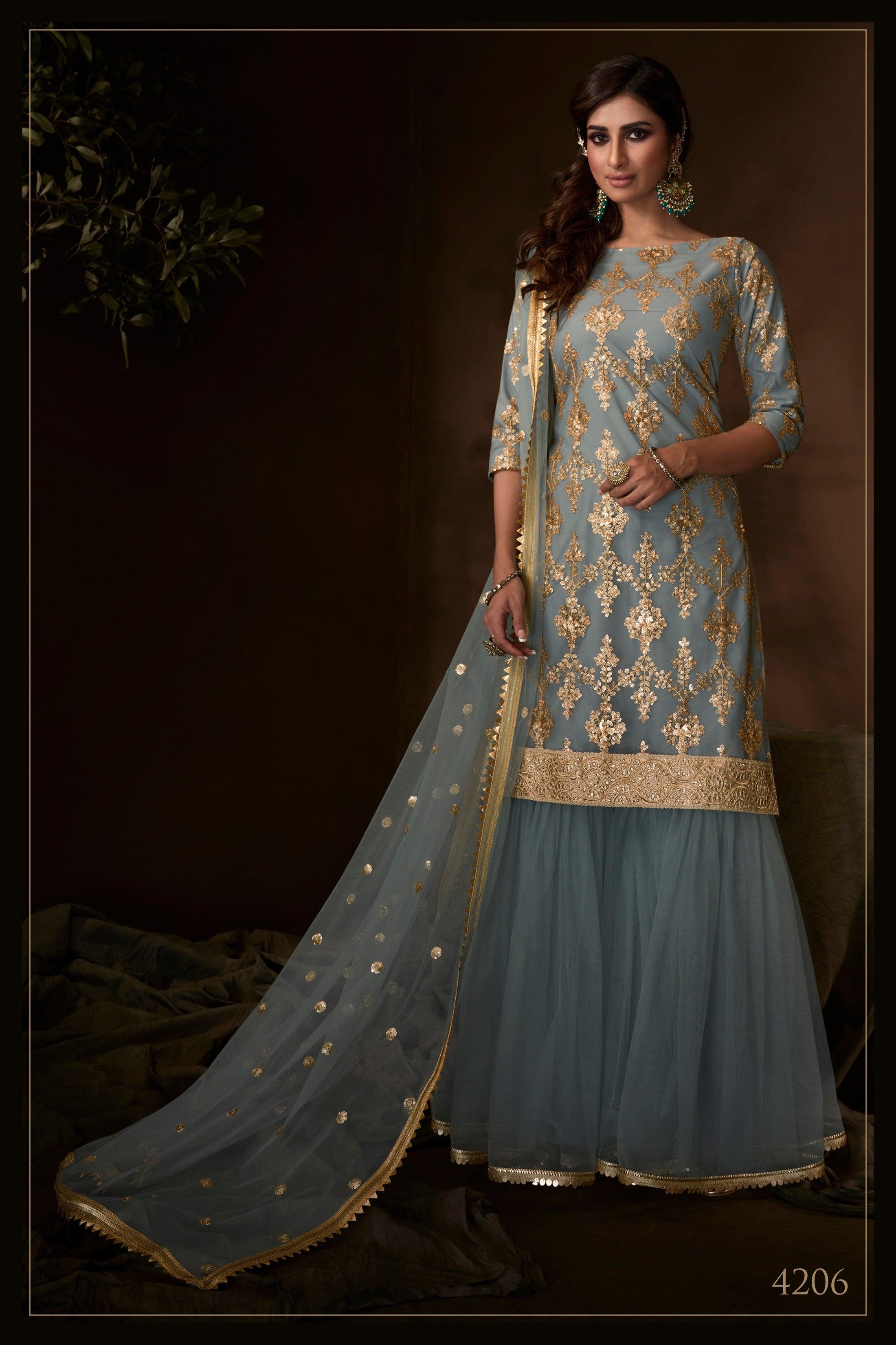 Buy Mehendi Designer Georgette Sharara Suit | Palazzo Salwar Suits