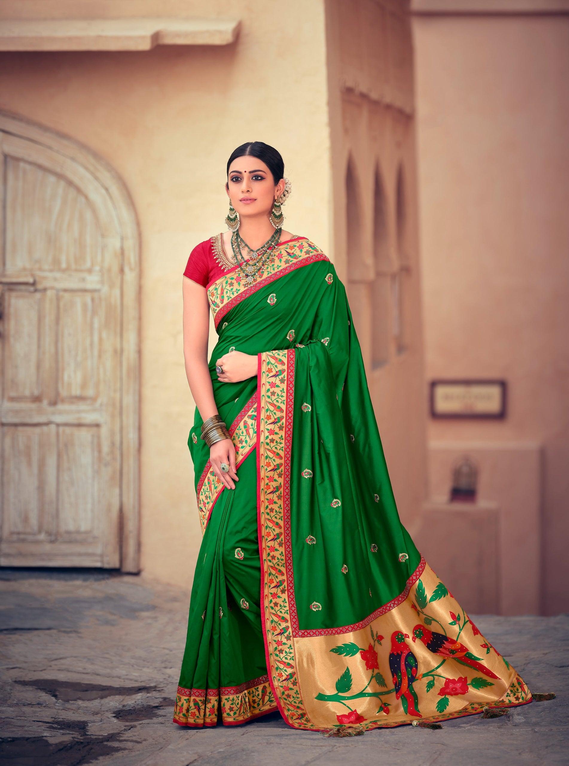 Designer Olive Green Chiffon Saree Unstitched | PinkShop