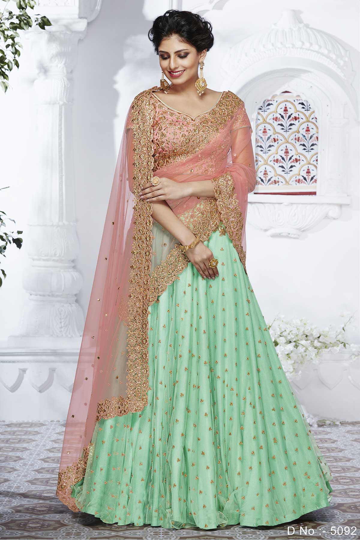 Mint Green Lehenga with Peach Pink Blouse Set | Indian designer outfits, Green  lehenga, Lehnga designs