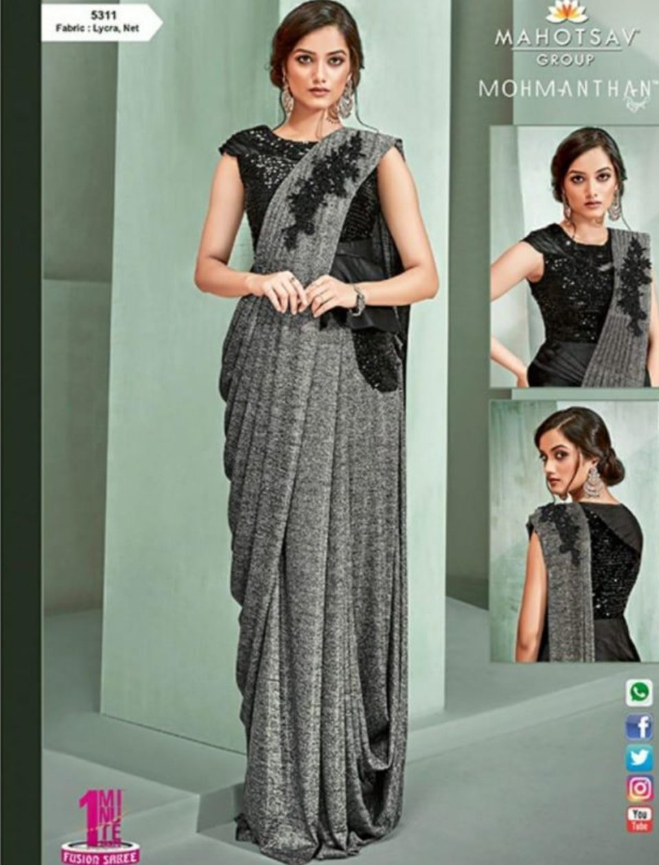 Superb Chic Cocktail Wear Grey Black Lycra Net Silk Indo Western Saree