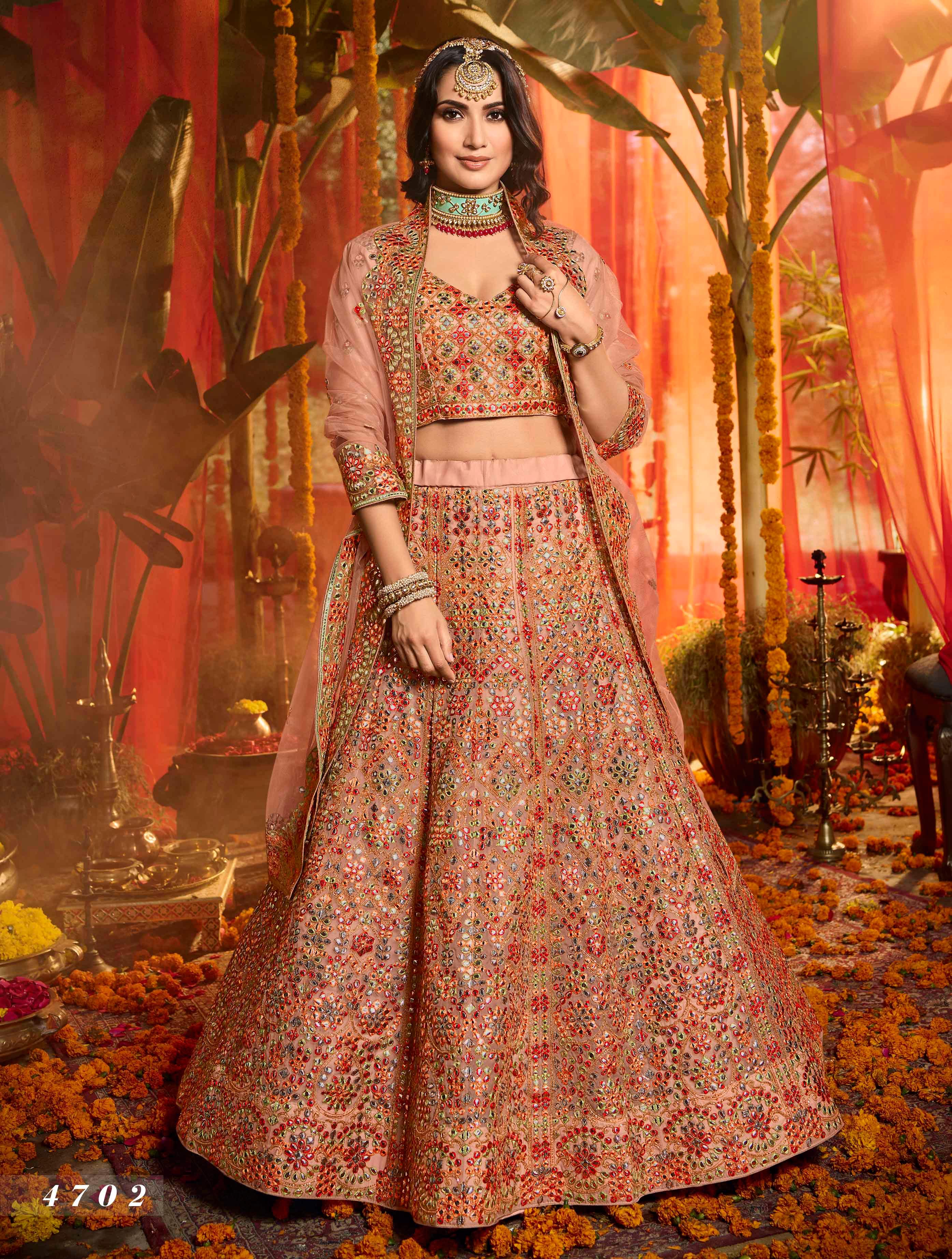 Buy Yellow peach sabyasachi Lehenga Online at EthnicPlus for ₹2,499