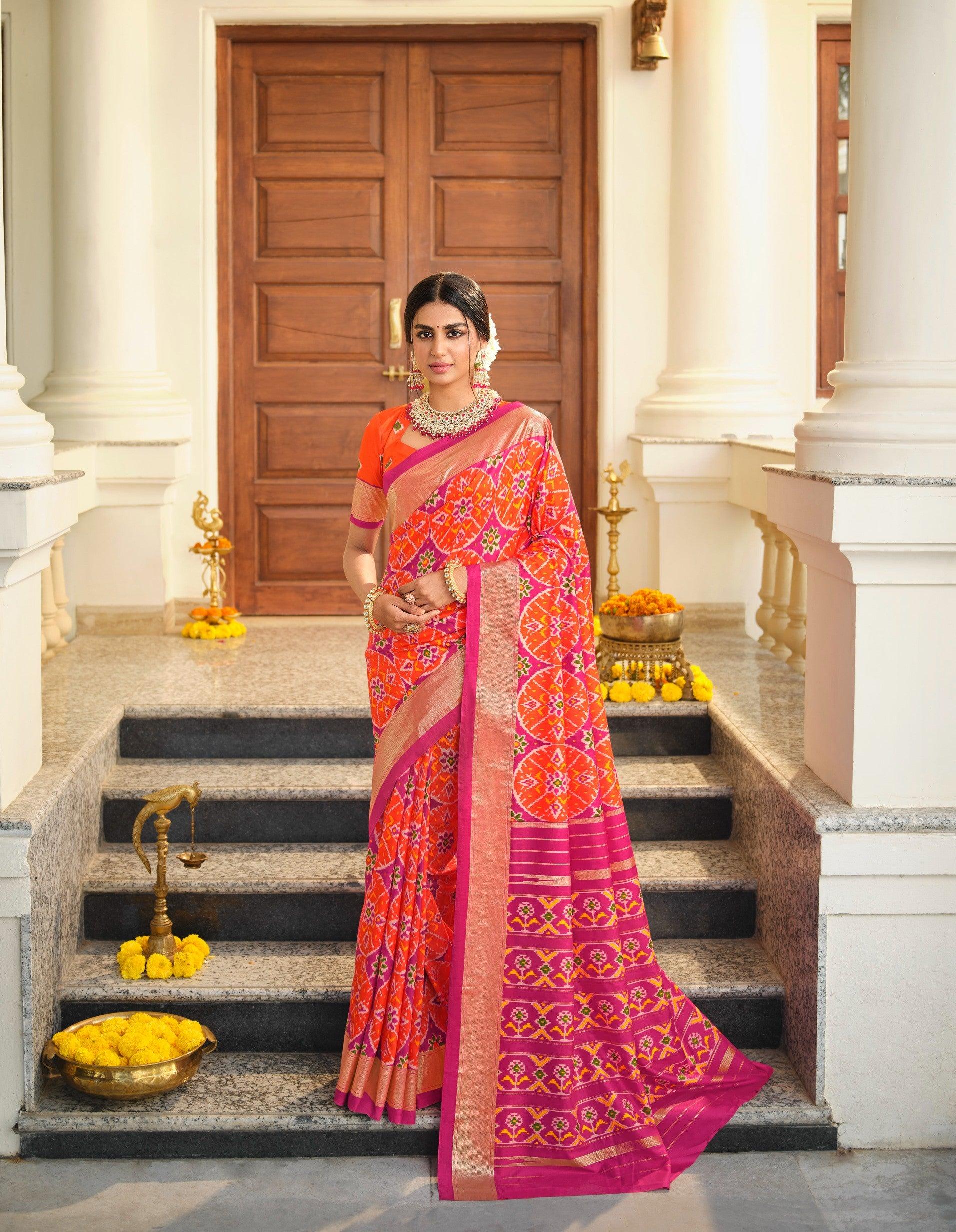 Vishal Prints Hot Pink And Orange Silk Weaving Saree With Zari Border