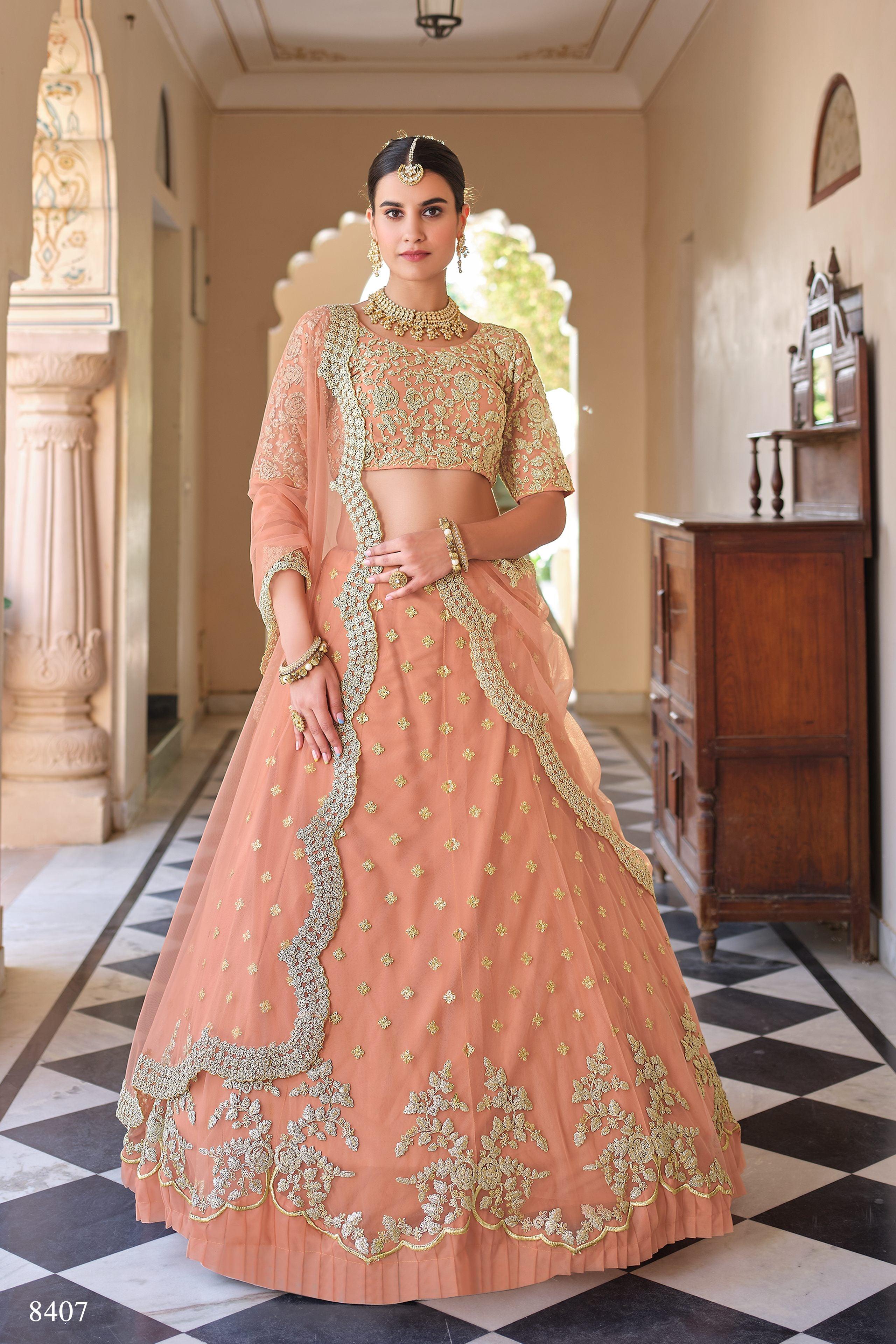 wedding function peach net lehenga choli 8407fn